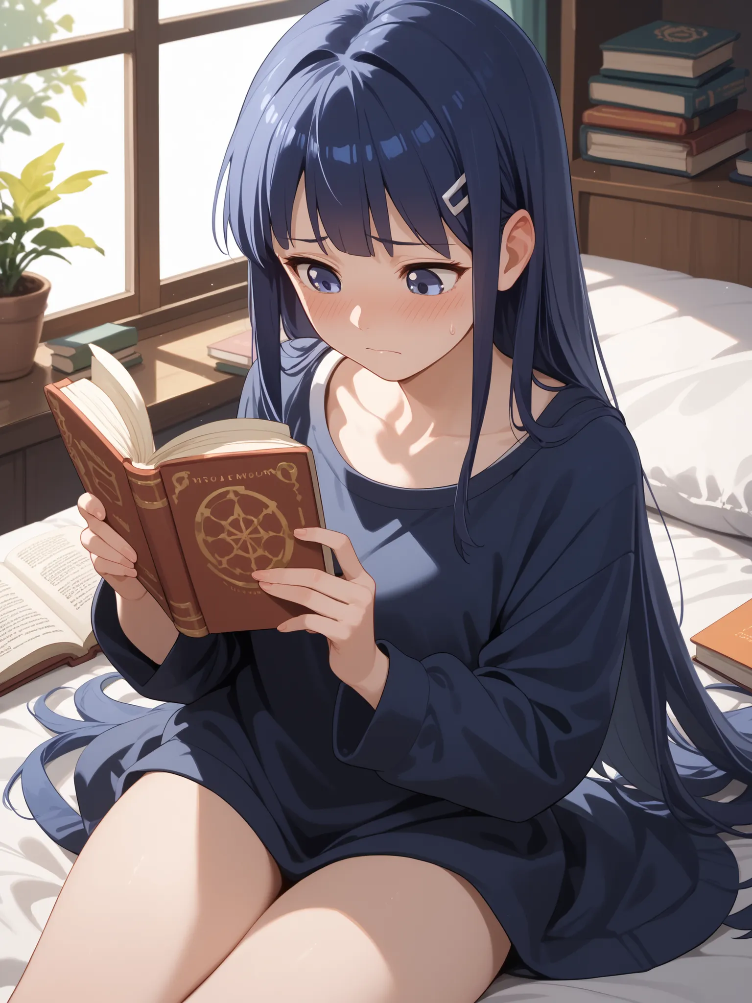 Hinata embarrassed, (Hinata Hyuga), reading a book in secret, the book is orange and short, she is sitting on the bed in the bedroom, Seen from the distance,