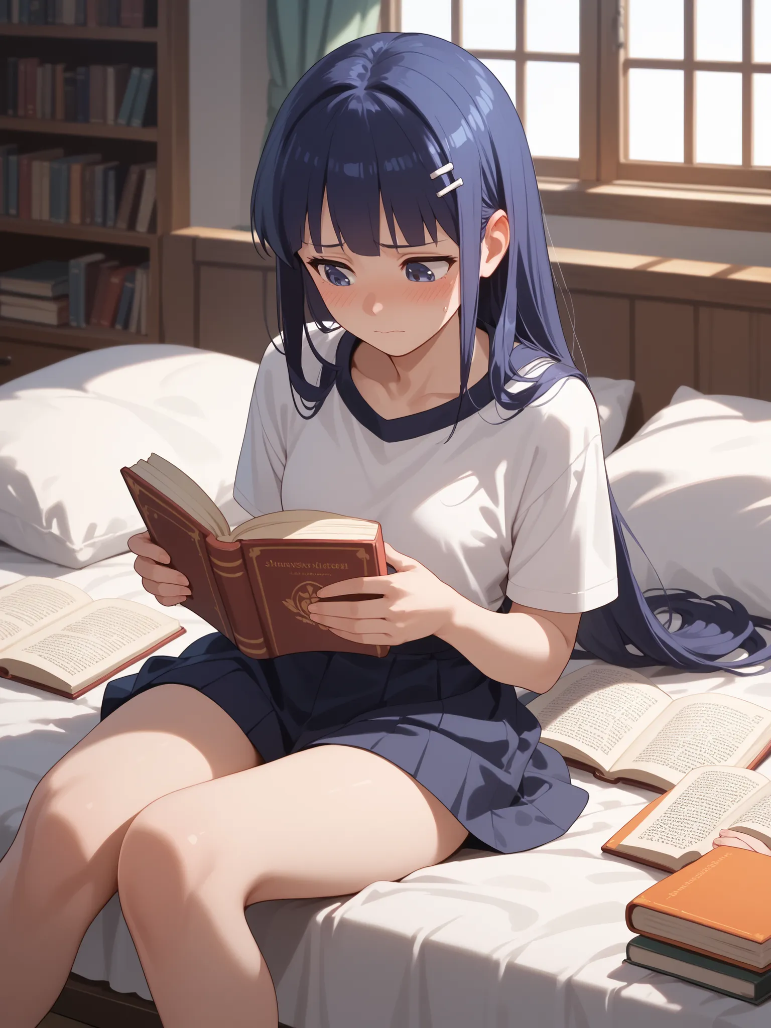 Hinata embarrassed, (Hinata Hyuga), reading a book in secret, the book is orange and short, she is sitting on the bed in the bedroom, Seen from the distance,