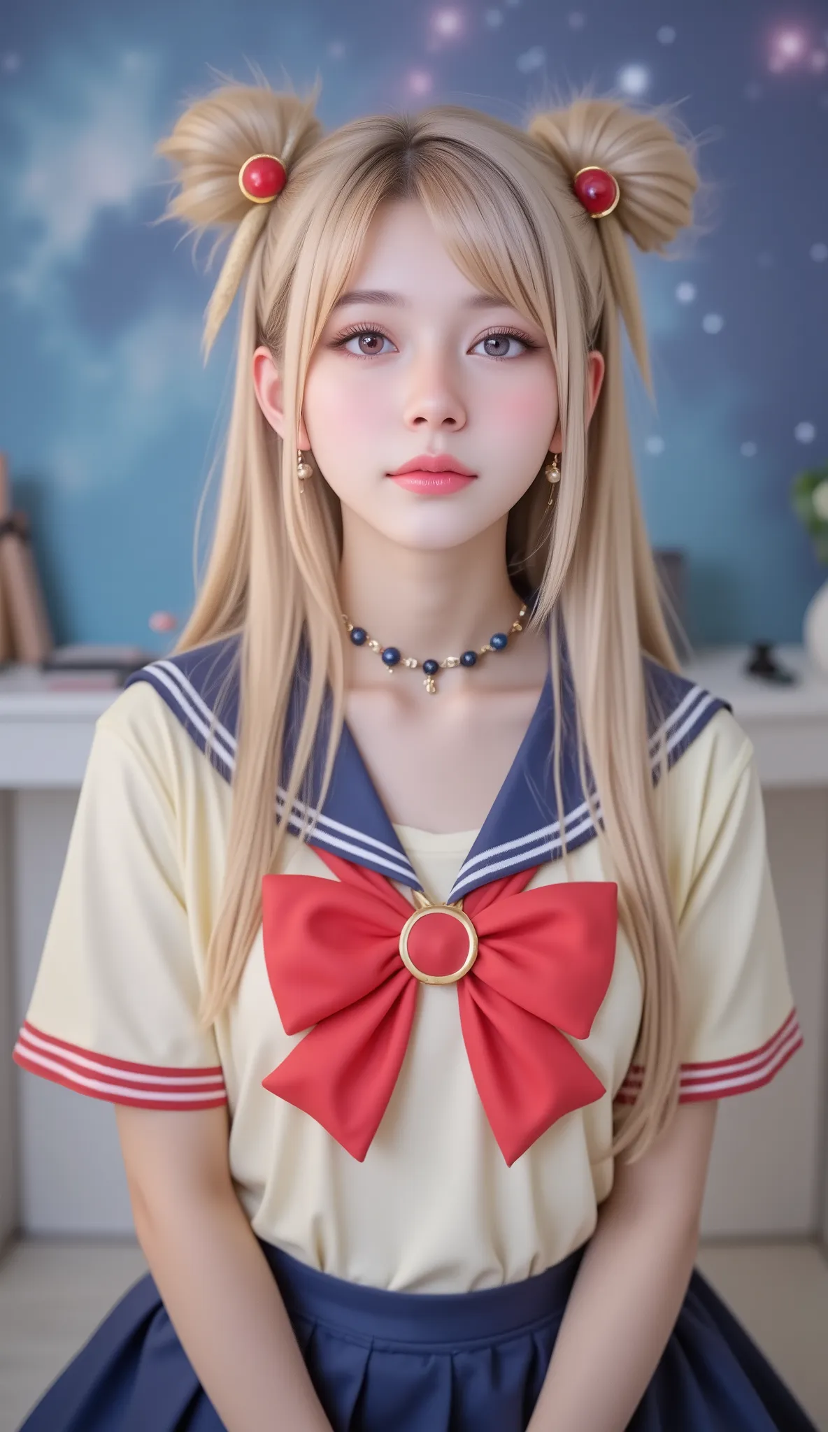 Young woman, likely in her late s or early twenties, with light blonde hair styled in twin, high ponytails with red, button-like embellishments. Anime-inspired Sailor Moon cosplay costume; pale, creamy-white top with a large, detailed, scarlet bow, d...
