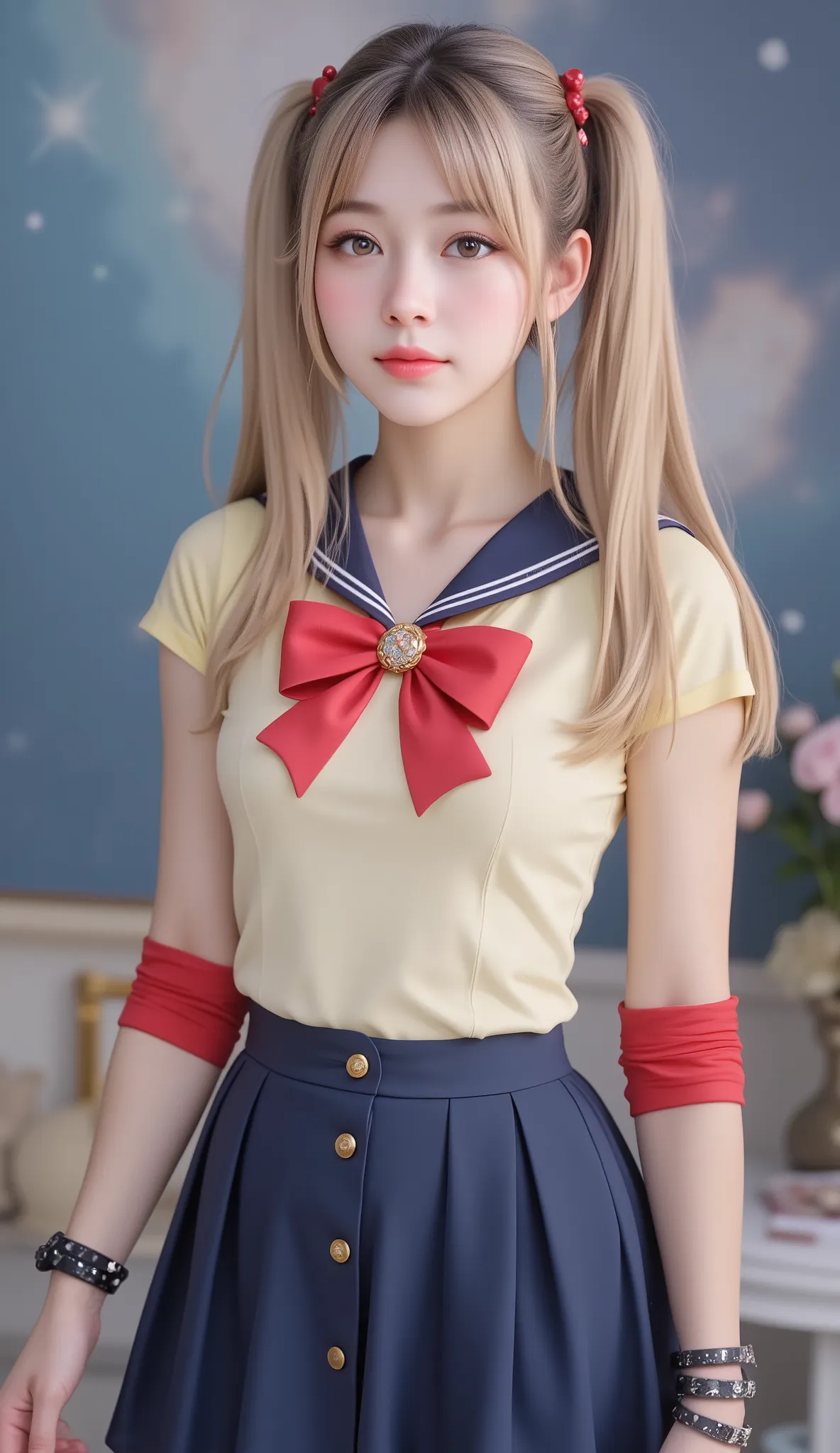 Young woman, likely in her late s or early twenties, with light blonde hair styled in twin, high ponytails with red, button-like embellishments. Anime-inspired Sailor Moon cosplay costume; pale, creamy-white top with a large, detailed, scarlet bow, d...