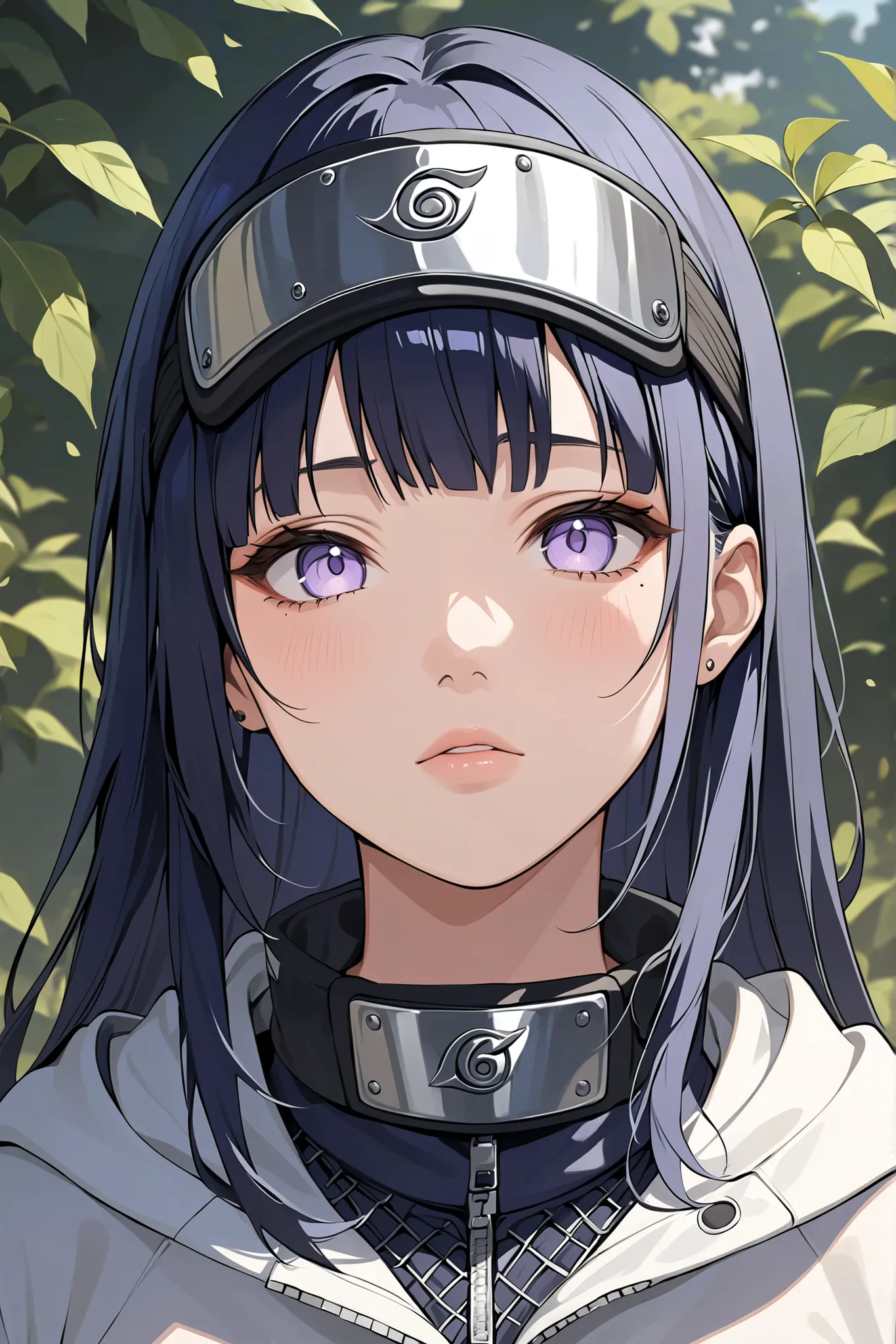 ((masterpiece)), ((RAW 8K)), ((anime-real fusion)), ((extreme photorealism)), ((studio-grade lighting)), ((hyper-detailed skin texture)), ((warm natural tones)), Hinata Hyuga from Naruto Shippuden, waist-up portrait, calm and gentle expression, large pure ...