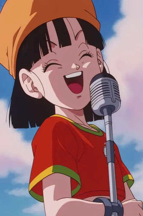 source_anime, score_9, score_8_up, score_7_up, anime screencap, absurdres, high quality,
pan \(dragon ball\), dragon ball gt, 1 girl, alone, looking at viewer, smile, short hair, bangs, black hair, collarbone, upper body, gold trim, short sleeves, sky, day...