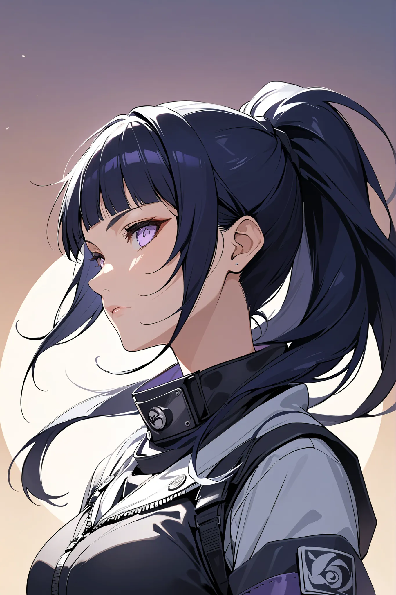 ((masterpiece)), ((RAW 8K)), ((anime-real fusion)), ((extreme photorealism)), ((studio-grade lighting)), ((hyper-detailed skin texture)), ((warm natural tones)), Hinata Hyuga as a tough elite ninja, waist-up portrait, serious and focused expression, large ...