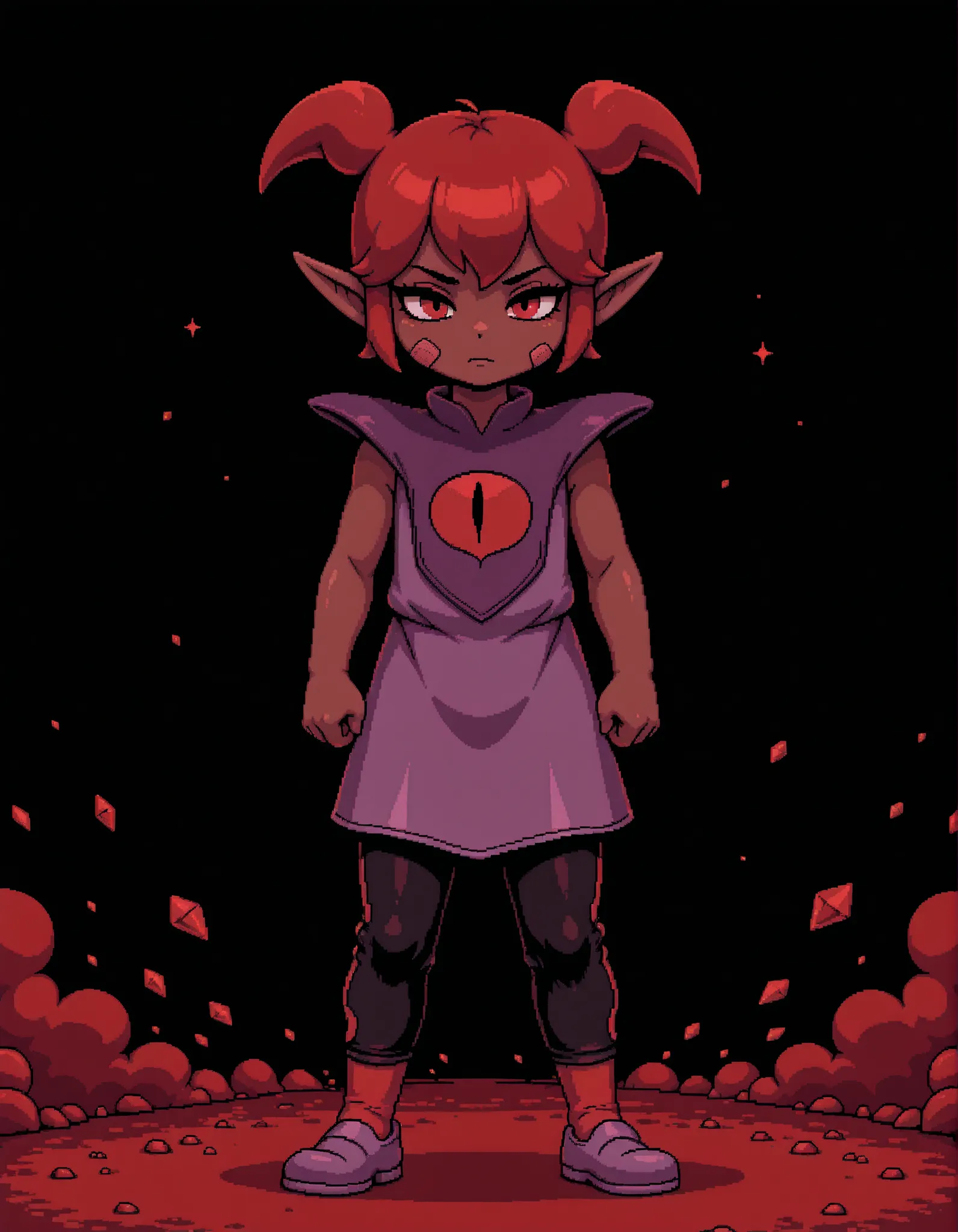 (DQB_DT), Beebz (Demon Turf),, vbstyle, pixel art, red theme, masterpiece, best quality, very aesthetic, full body, pants, solo, transparent background, Front view, from front, 1girl, black backgrounds, tanding, black pants, pointy ears, Brown skin, red h...