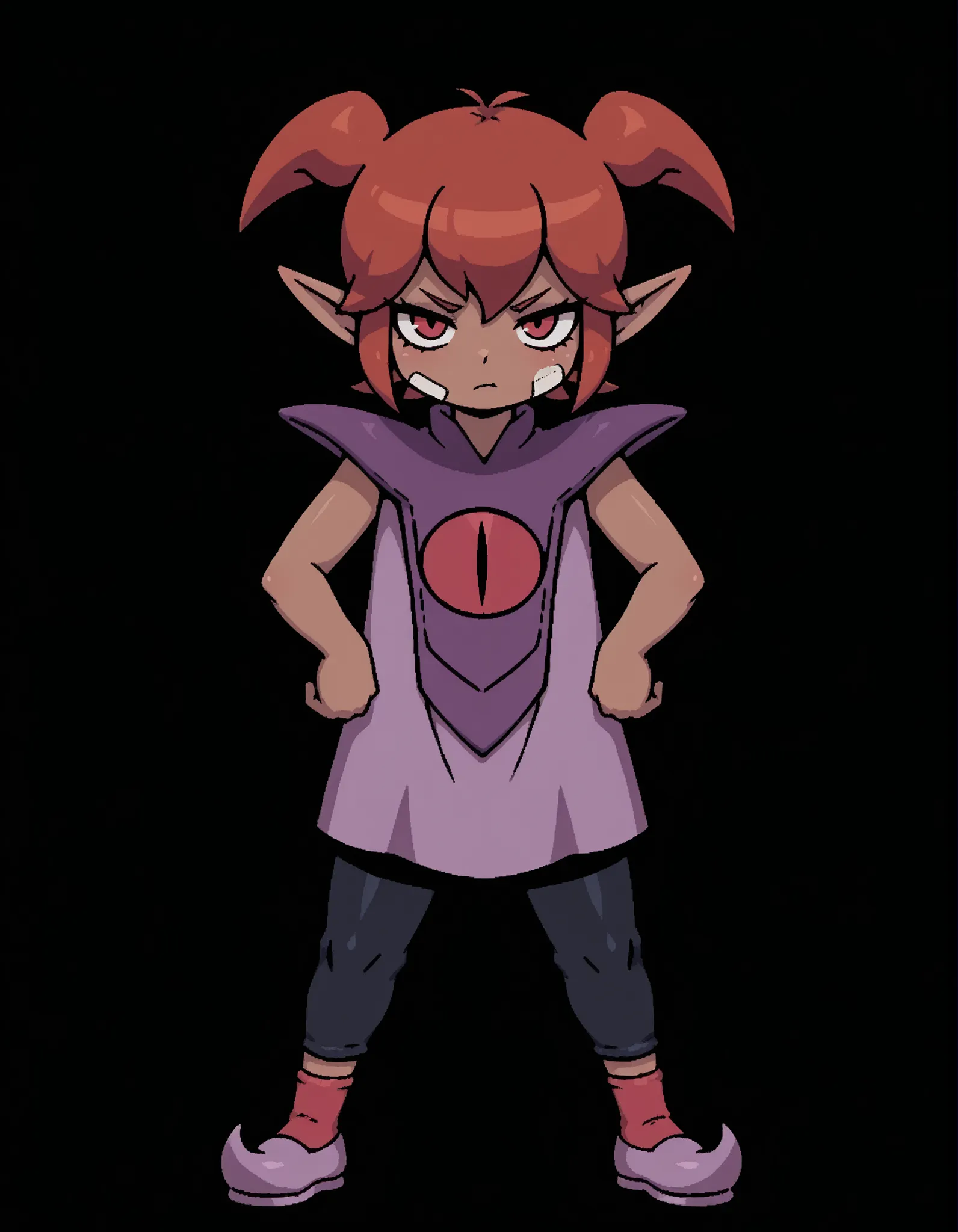 (DQB_DT), Beebz (Demon Turf),, masterpiece, best quality, very aesthetic, full body, pants, solo, transparent background, Front view, from front, 1girl, black backgrounds, tanding, black pants, pointy ears, Brown skin, red hair, short hair, short twin tail...