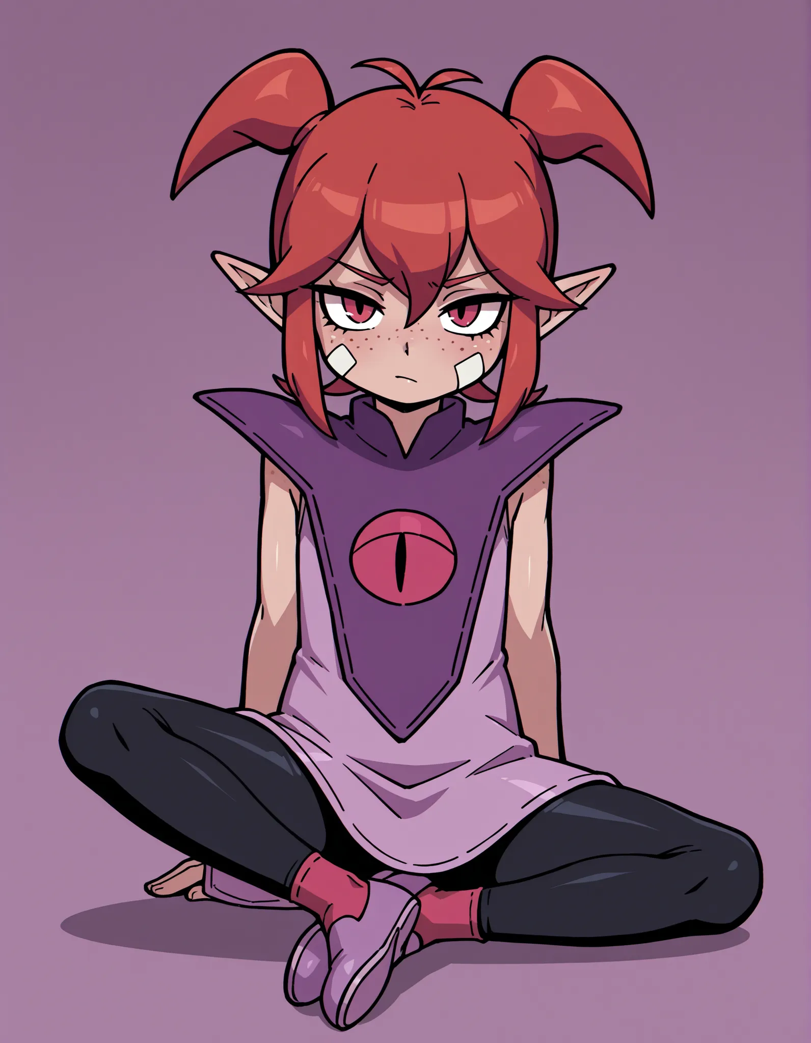 DQB_DT, red hair, antenna hair, short twintails, sidelocks, pointy ears, hair between eyes, freckles, bandaid on cheek,, sleeveless dress, pink dress, purple capelet, black leggings, red socks, pointy shoes, purple footwear