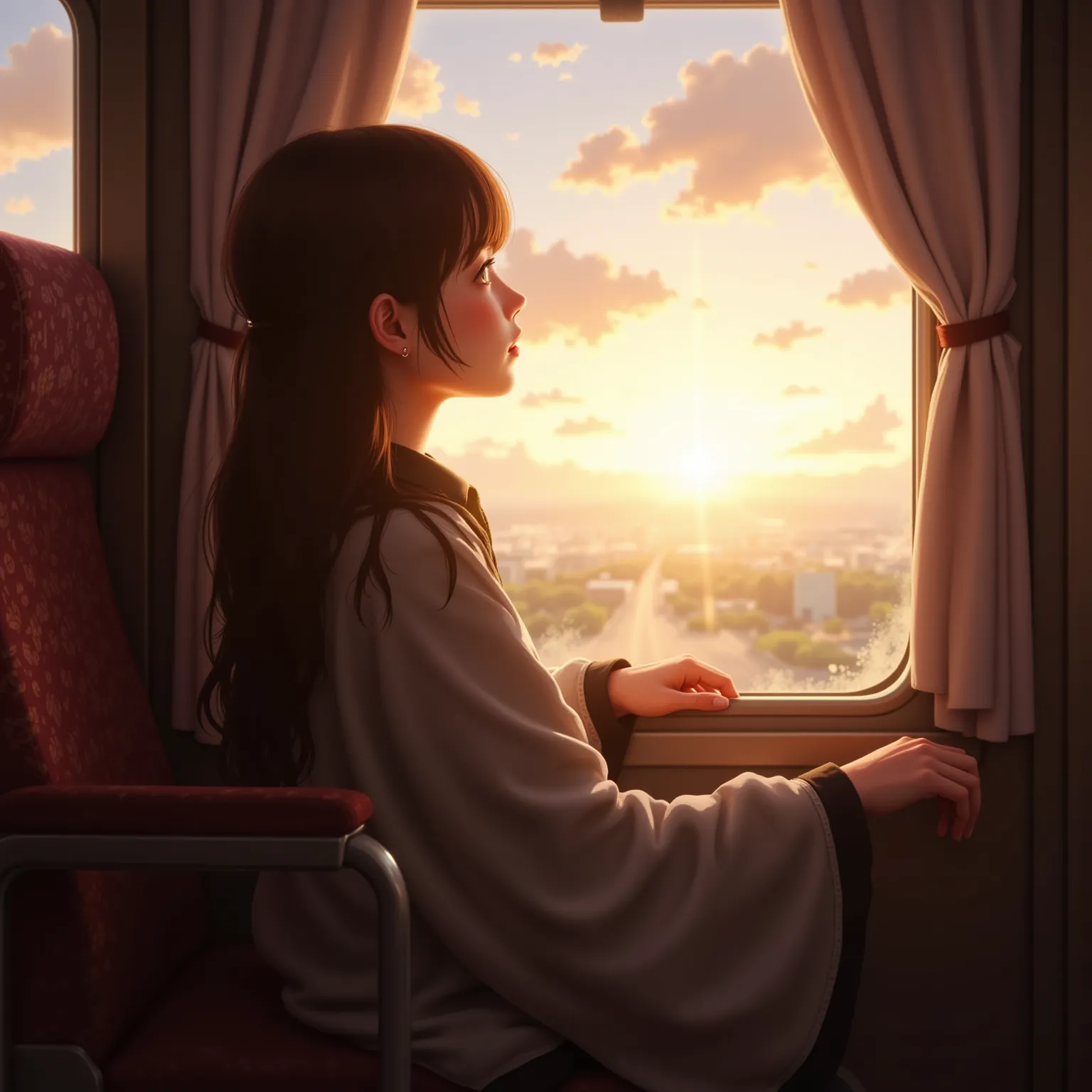 anime girl sitting on a train and looking out the window, beautiful anime portrait, Portrait of Rofi at a window, Beautiful Anime Girl, Portrait of Rofi, Lofi Girl , Anime Girl Portrait, Gways-style artwork, High Quality Portrait, As the sun sets, 魅力的なアニメの女の子, cute anime girl, Realistic cute girl picture, anime style. 8k