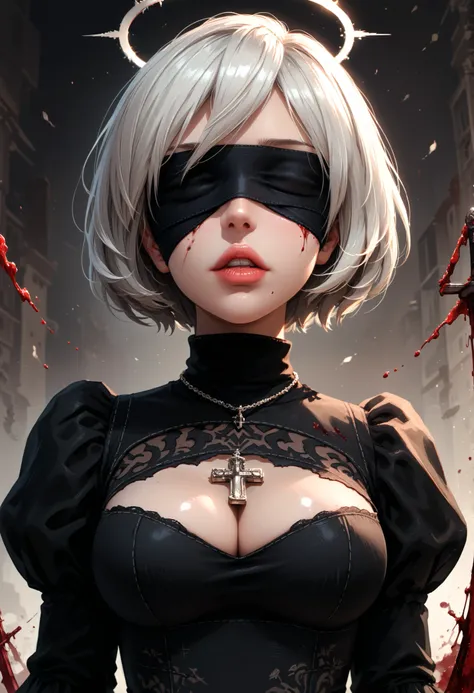 1girl, yorha_no._2_type_b, solo, blindfold, mole, blood, cleavage_cutout, halo, black_dress, cross, black_blindfold, mole_under_mouth, dress, short_hair, breasts, clothing_cutout, necklace, white_hair, upper_body, jewelry, parted_lips, sword, puffy_sleeves...