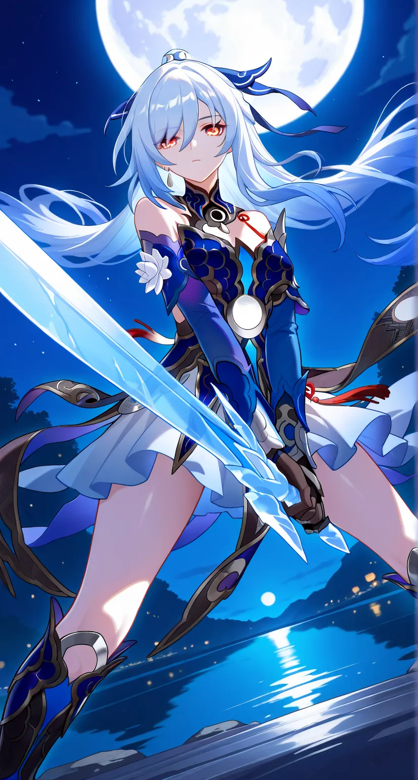masterpiece,best quality,highres,ultra-detailed,Jingliu,alternate color,masterpiece,detailed illustration,lifelike,Jingliu(Honkai: Star Rail),shiny beautiful woman,moon light lighting,dynamic angle,dynamic pose,depth of field,1girl,red eyes,blue armored dr...