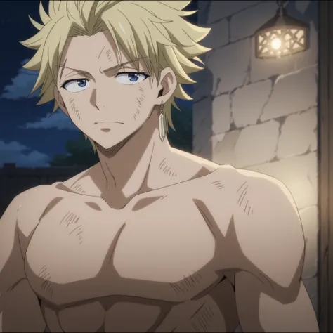 StingFT, looking at viewer, (((messy fringe, soft bangs falling over forehead, hair down))) sting eucliffe-1male focus, blonde_sting eucliffe_hair, brown_sting eucliffe_single scar, blue_sting eucliffe_eyes, light yellow_sting eucliffe_single earring, male...