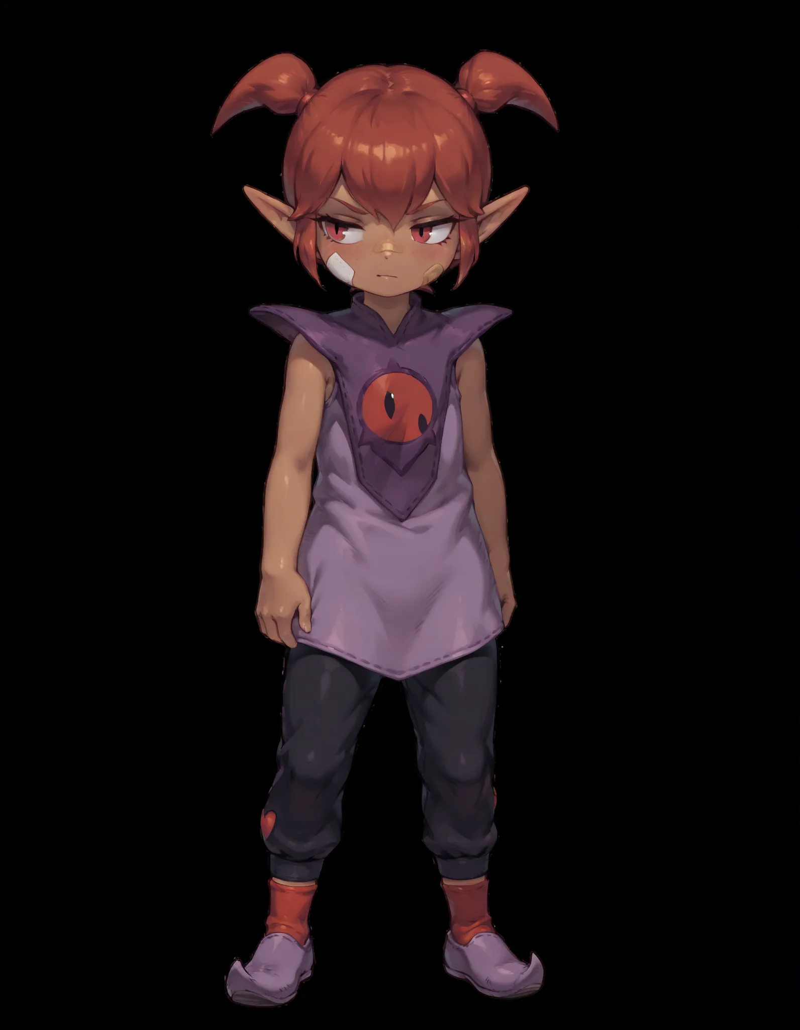 masterpiece, best quality, very aesthetic, solo, (DQB_DT), Beebz (Demon Turf),, full body, pants, solo, transparent background, Front view, from front, 1girl, black backgrounds, tanding, black pants, pointy ears, Brown skin, red hair, short hair, short twi...