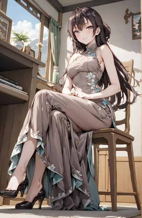 score_9, score_8_up, score_7_up, source_anime,  yuki suou, long hair, bungs, brown hair, black hair,  o, Medium breast,Purple Eyes, half updo,Purple Chinese Dress,sleeveless at the beach,Side Long Slit,pin heels,is placed on the work desk,Seated in a Gorge...