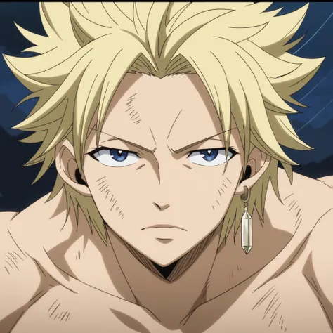 StingFT, looking at viewer, (((messy fringe, soft bangs falling over forehead, hair down))) sting eucliffe-1male focus, blonde_sting eucliffe_hair, brown_sting eucliffe_single scar, blue_sting eucliffe_eyes, light yellow_sting eucliffe_single earring, male...