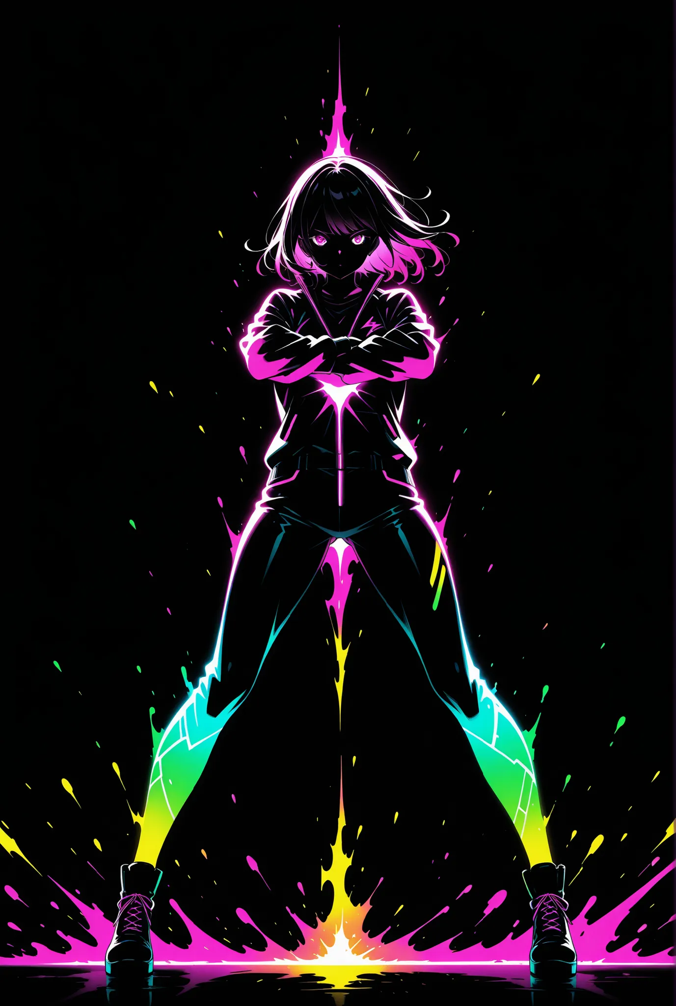 1girl,limited palette,black background,colorful,vibrant,glowing outline,neon,blacklight,any pose, dynamic, actions
