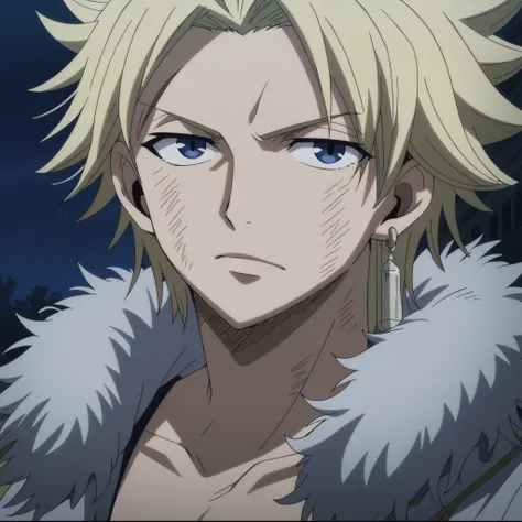 StingFT, looking at viewer, (((messy fringe, soft bangs falling over forehead, hair down))) sting eucliffe-1male focus, blonde_sting eucliffe_hair, brown_sting eucliffe_single scar, blue_sting eucliffe_eyes, light yellow_sting eucliffe_single earring, male...