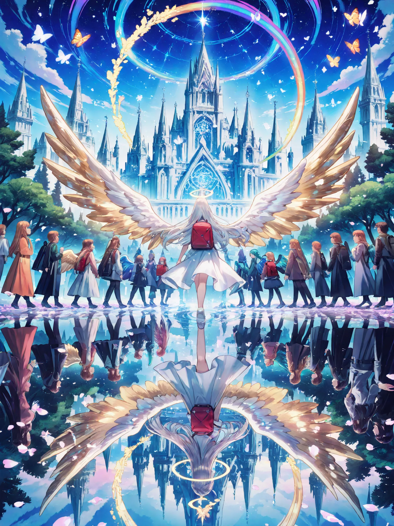 angel girl with golden wings, red backpack, walking on reflective water, symmetrical composition, glowing halo, futuristic holy city in background, dazzling sunrise, ultra detailed cityscape, cathedral-like skyline, tall spires glowing, clean white buildin...