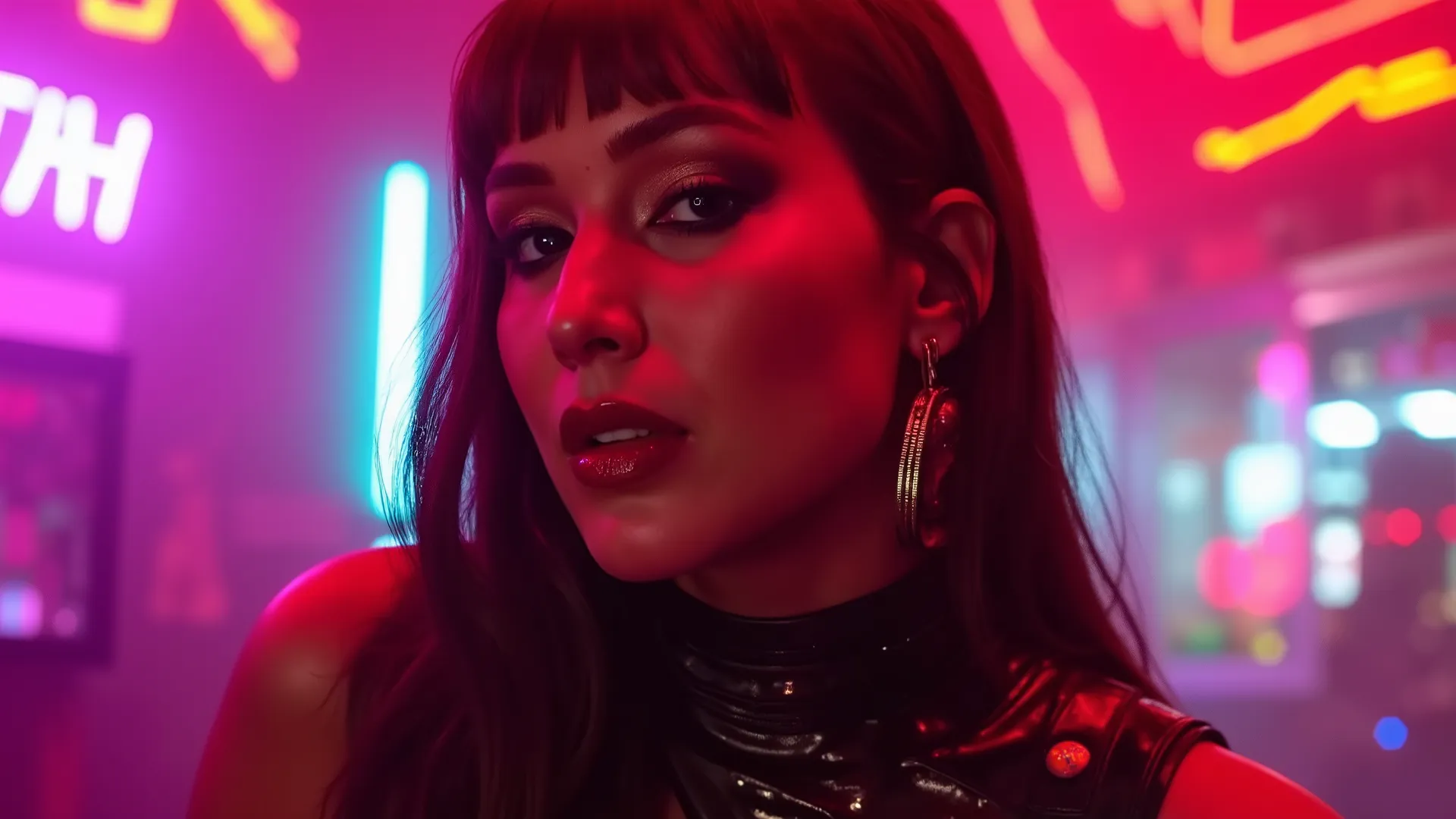 portrait of taylor, she is wearing shiny red lip gloss, looking directly at the viewer, she is wearing a latex cyberpunk outfit, she is standing in a nightclub, the room is brightly lit with neon lights,