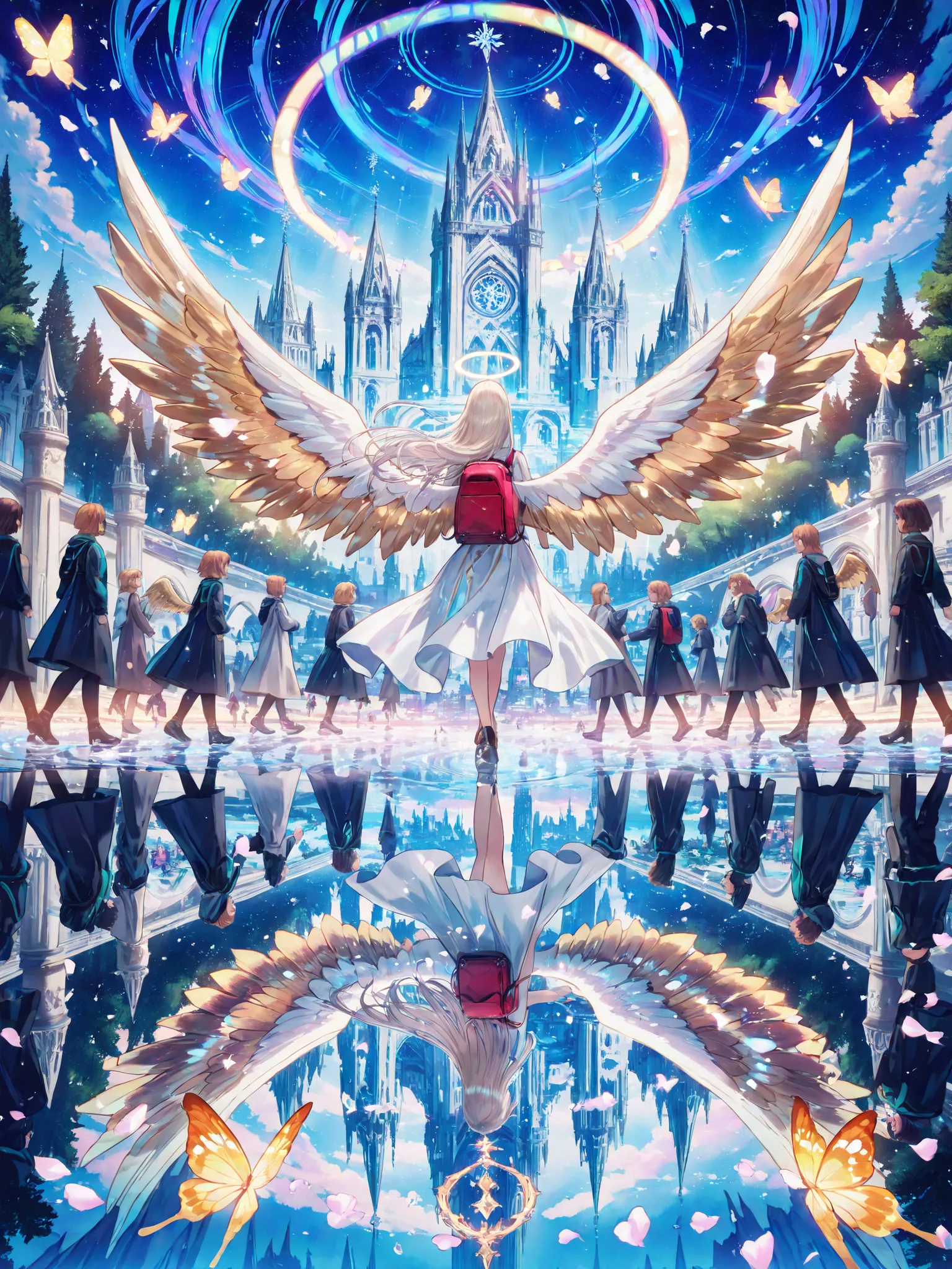 angel girl with golden wings, red backpack, walking on reflective water, symmetrical composition, glowing halo, futuristic holy city in background, dazzling sunrise, ultra detailed cityscape, cathedral-like skyline, tall spires glowing, clean white buildin...