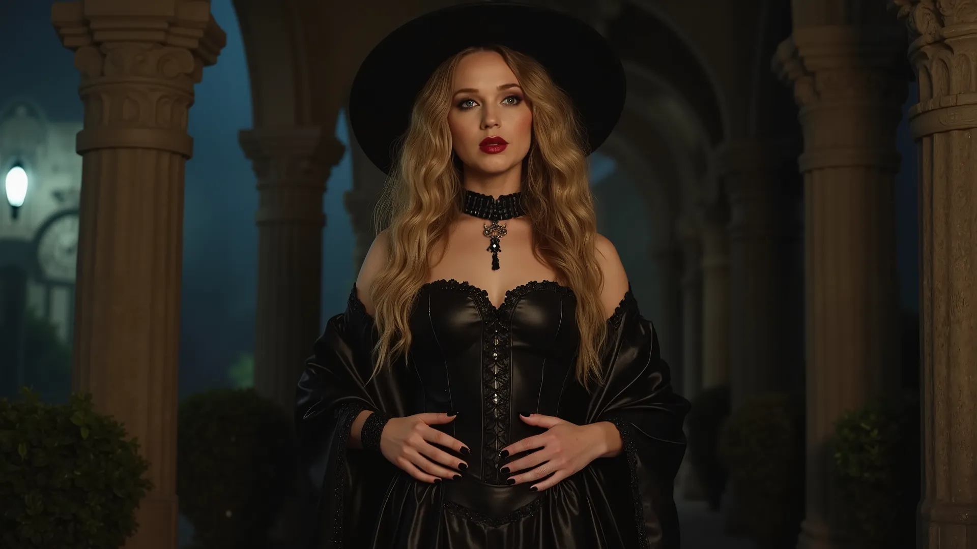 A waist-up portrait of Taylor Swift as a witch posing inside a gothic mansion. Taylor is dressed in a dark-colored gothic witch outfit that incorporates some bits of leather and lace. Taylor has lovely makeup on her face. Taylor wears red lipstick. Nightti...