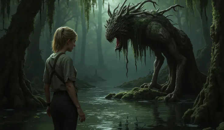 Young blonde woman with torn clothes in a swamp, watches a phallic tree monster.