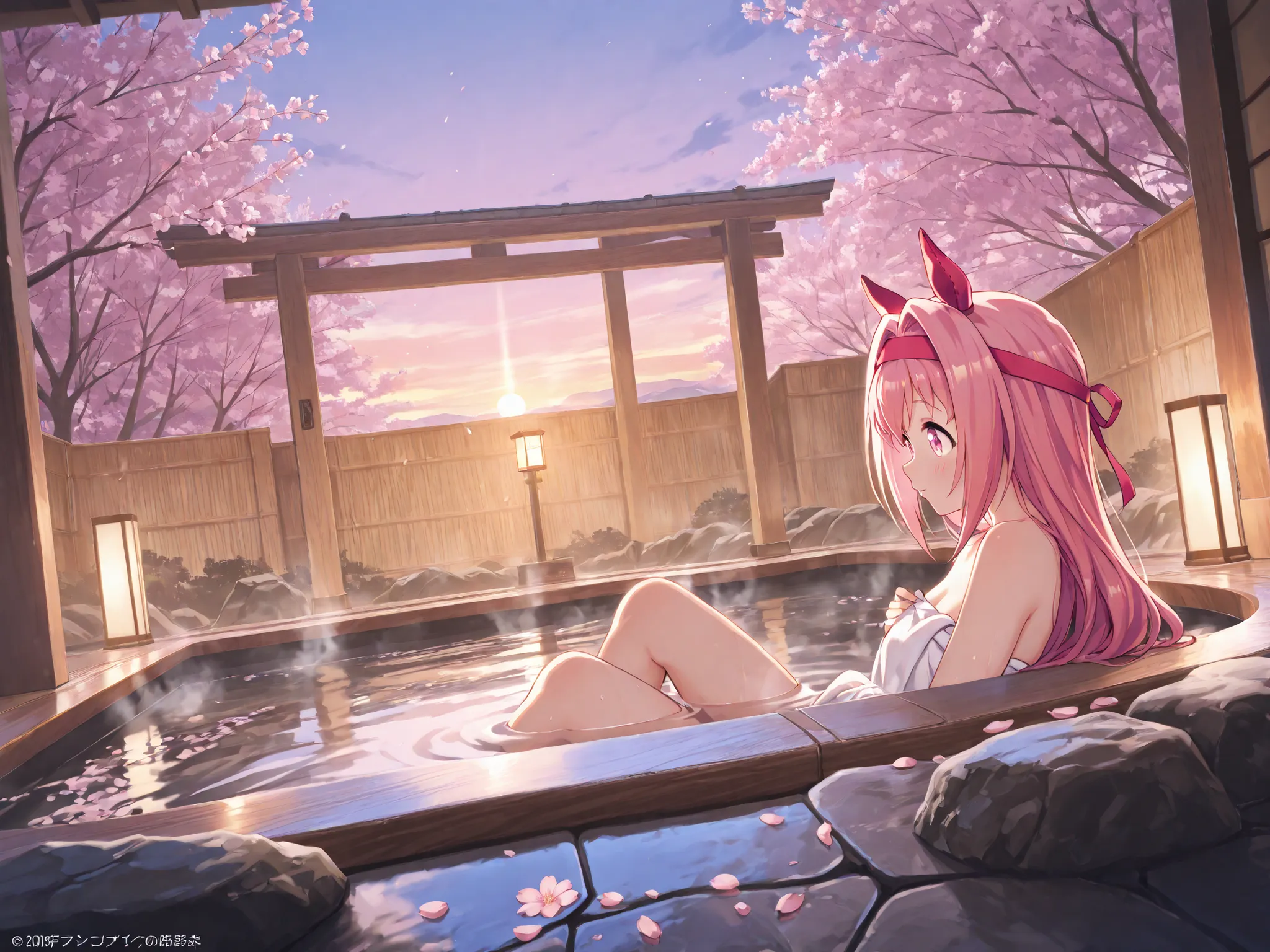 haru urara(uma musume), masterpiece, high quality, yabuki, small figure relaxing in an open-air hot spring, wide-angle view, vast and dramatic spring landscape in the background, vibrant pink and white cherry blossoms in full bloom, towering mountains, sof...