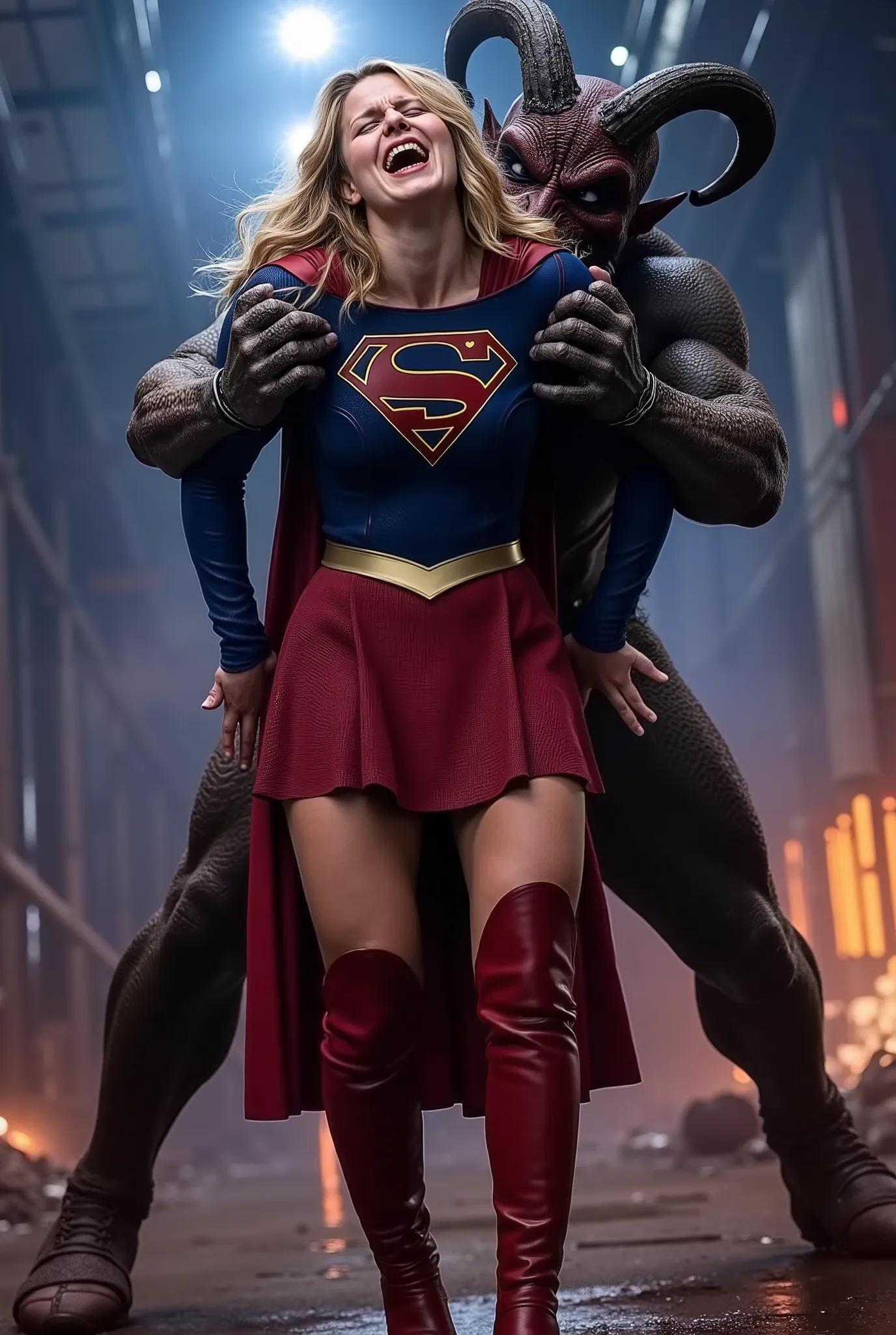 Melissa Benoist as Supergirl, fighting with a strong fierce devil, she is screaming in pain, do not smile, arms behind her back, try to resist, wearing a Supergirl costume, blue shirt and very short skirt, red high boots, she is attacked from behind by a h...