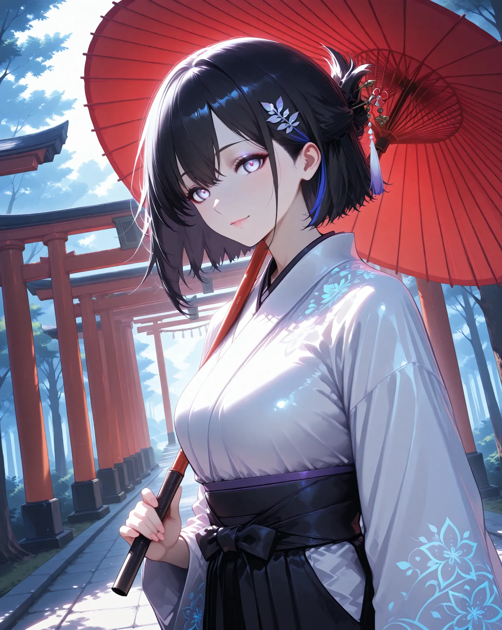 8k, anime style, high quality , professional , Vivid colors ,Shiny ,Skin, dutch angle ,(close up upper body, ) ,
A graceful Japanese female spirit with long black hair streaked with white, tied with a delicate hairpin. Pale indigo eyes, wearing a flowing...