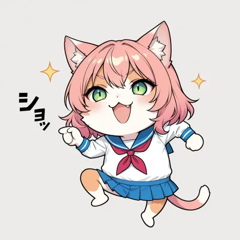 cute cat girl, genba _neko,chibi, pointing, standing on one leg, :3, open mouth, meme, parody, simple background, white background, full body, (sailor suit), 4K High Resolution, vibrant coloring, best quality, 4K, masterpiece, hyper detailed, studio lighting, ultra-fine painting, vivid colors, sharp focus, Extreme Details, professional, HDR, UHD, bokeh effects ,