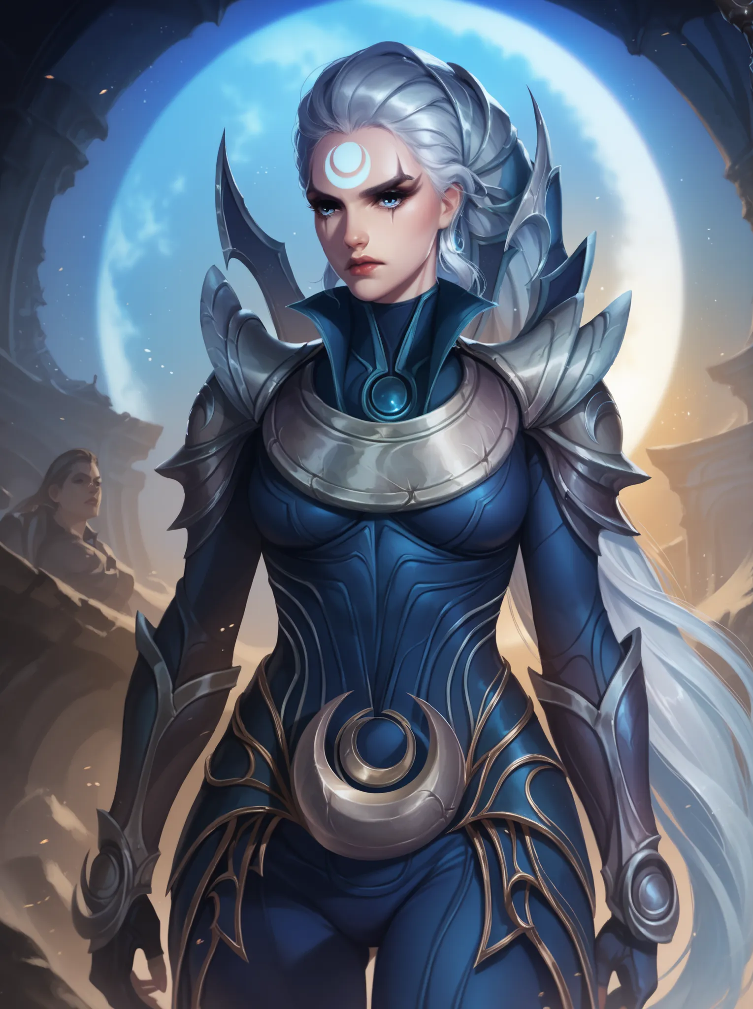 Diana from League of Legends, standing in a moonlit battlefield, long silver hair flowing, piercing pale blue eyes, wearing dark armor with silver crescent moon motifs, holding her (large), (curved crescent) blade, dramatic backlighting from a full moon, s...