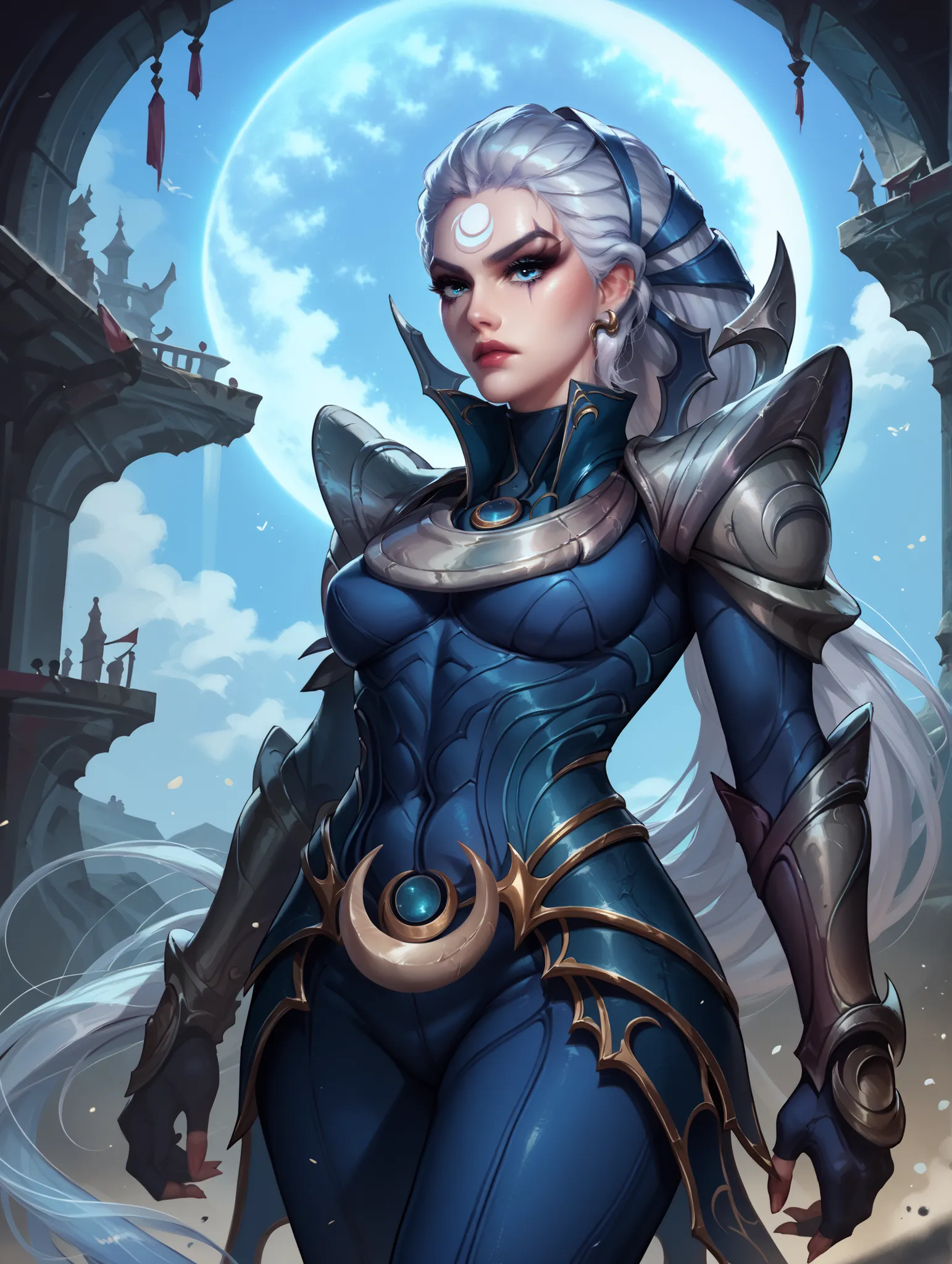 Diana from League of Legends, standing on a crescent-lit battlefield, long silver hair flowing, piercing pale blue eyes, wearing dark armor with silver crescent moon motifs, holding her (large), (curved crescent) blade, dramatic backlighting from a full mo...