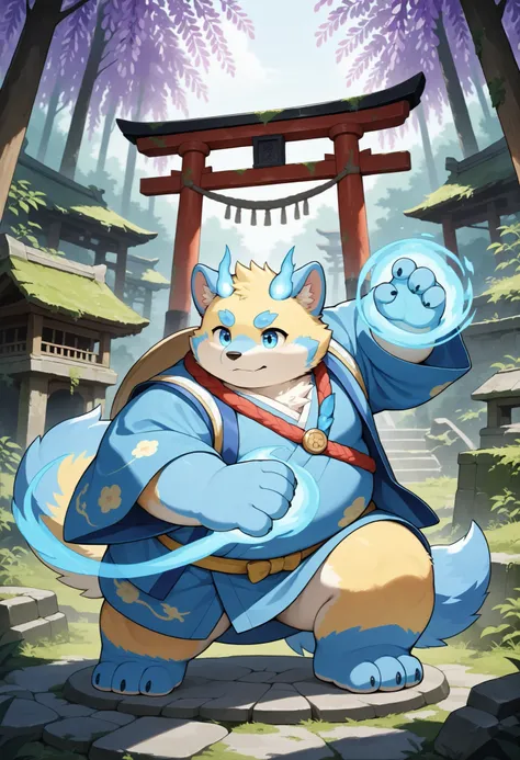 A botailang in a kimono at a ancient psionic shrine, (Psionic magical energy:1.2) flowing between shrine and figure, ,(battle-ready:1.2),(powerful stance:1.3), Stone wheel torii overgrown shrine wisteria and (futuristic ruins:1.2),furry,botailang,solo,blu...