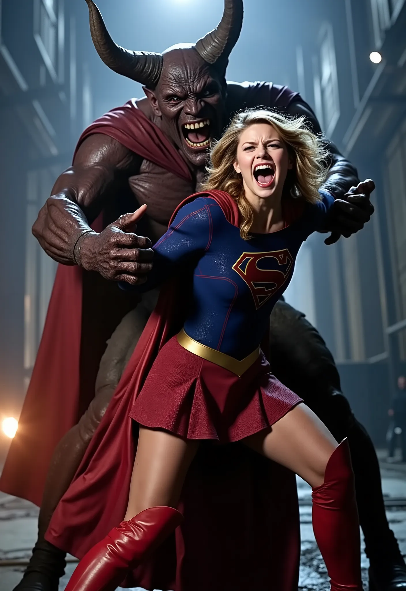 Melissa Benoist as Supergirl, fighting with a strong fierce devil, she is screaming in pain, arms behind her back, try to resist, wearing a Supergirl costume, blue shirt and very short skirt, red high boots, she is attacked from behind by a huge body devil...