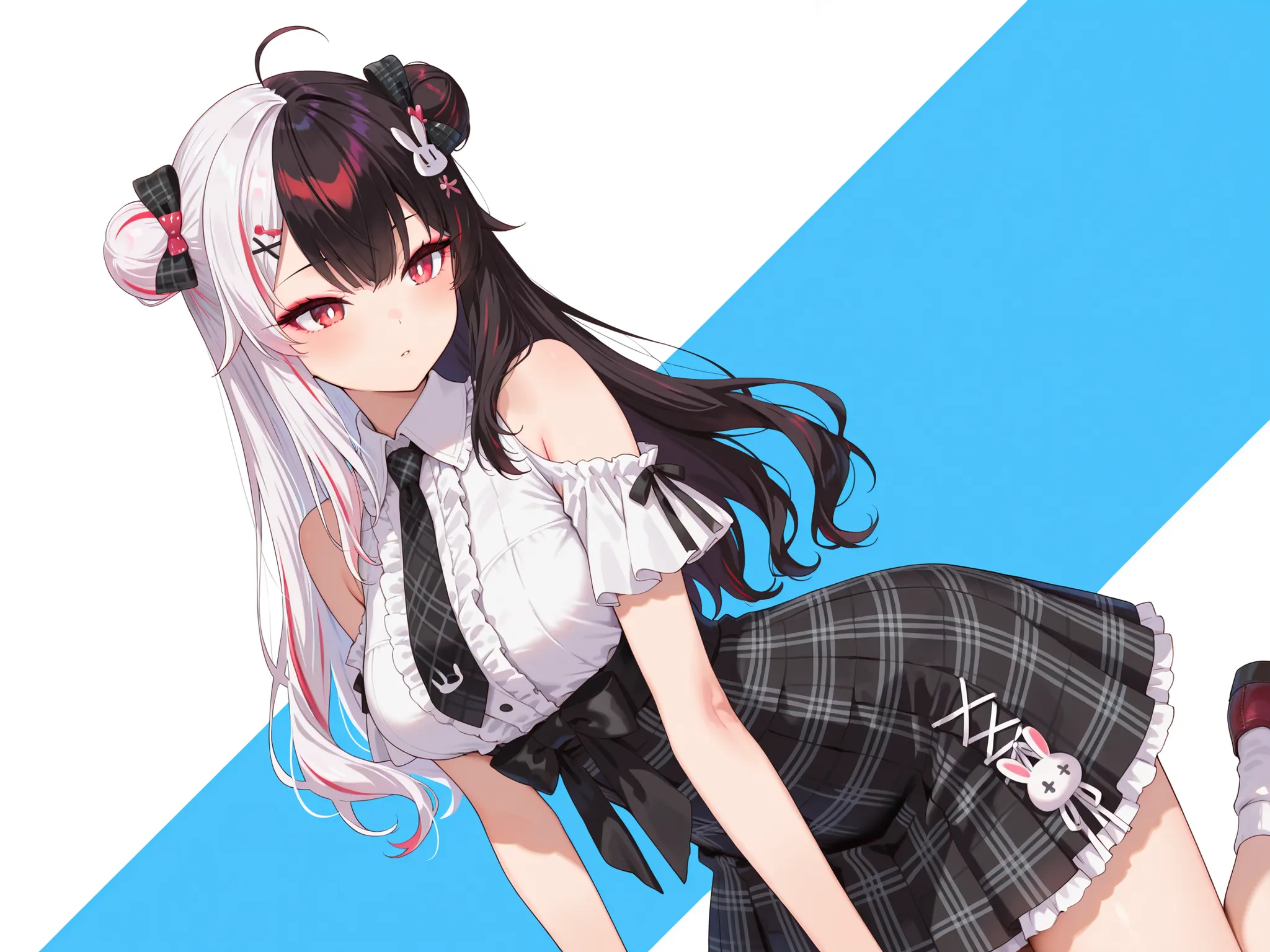 masterpiece,best quality, amazing quality, highres, absurdres, very aesthetic, high resolution, ultra detailed, perfect details,niji-rena,medium breasts,white hair,black hair,two-tone hair,split-color hair,multicolored hair,streaked hair,red hair,red eyes,...