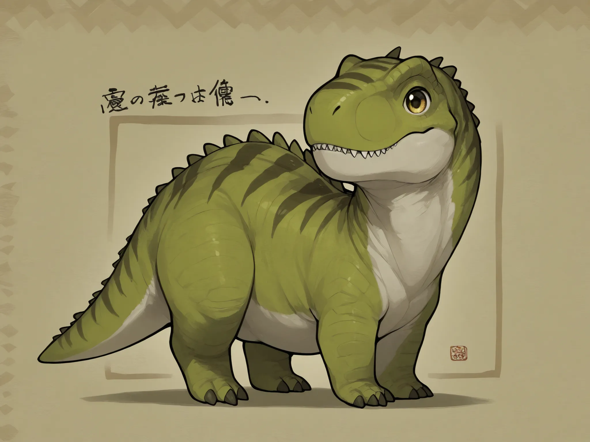 comical illustration、deformed dinosaur、loose pattern、dinosaur with an idiot face、凄くloose pattern、illustration drawn with left hand、cute