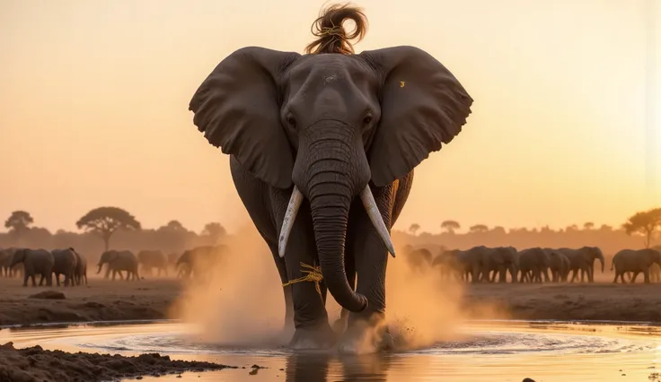 Elephant with a High Ponytail
A massive African elephant standing at a watering hole at dusk, its massive ears framing a high ponytail tied with golden thread, dust rising around its feet, a herd in the distance, soft orange sky, ultra-detailed skin wrinkl...