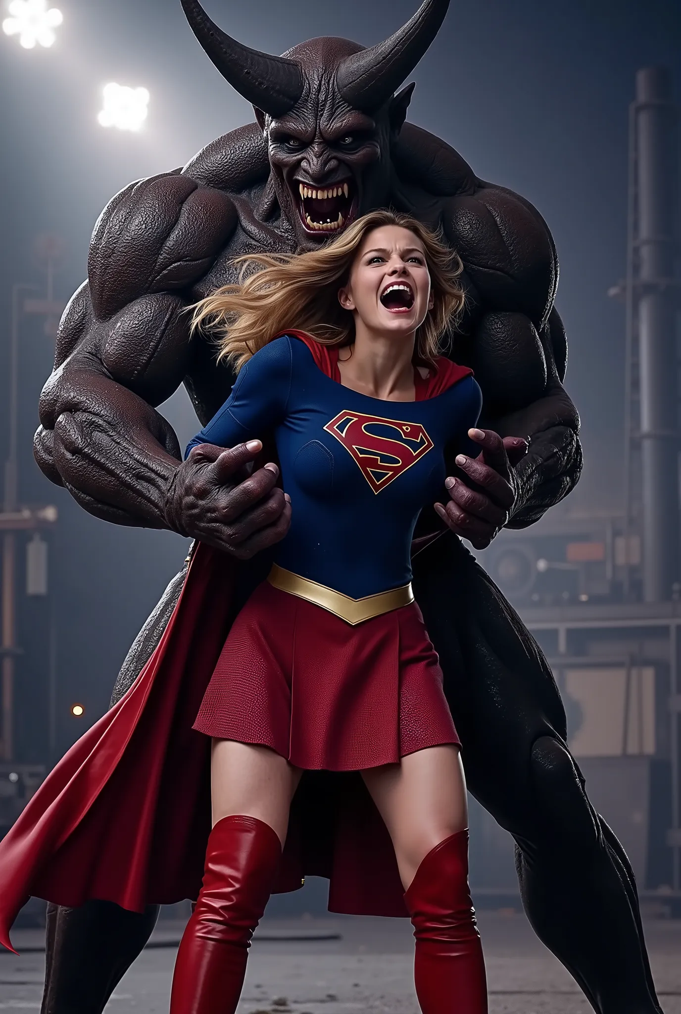 Melissa Benoist as Supergirl, fighting with a strong fierce devil, she is screaming in pain, do not smile, arms behind her back, try to resist, wearing a Supergirl costume, blue shirt and very short skirt, red high boots, she is attacked from behind by a h...