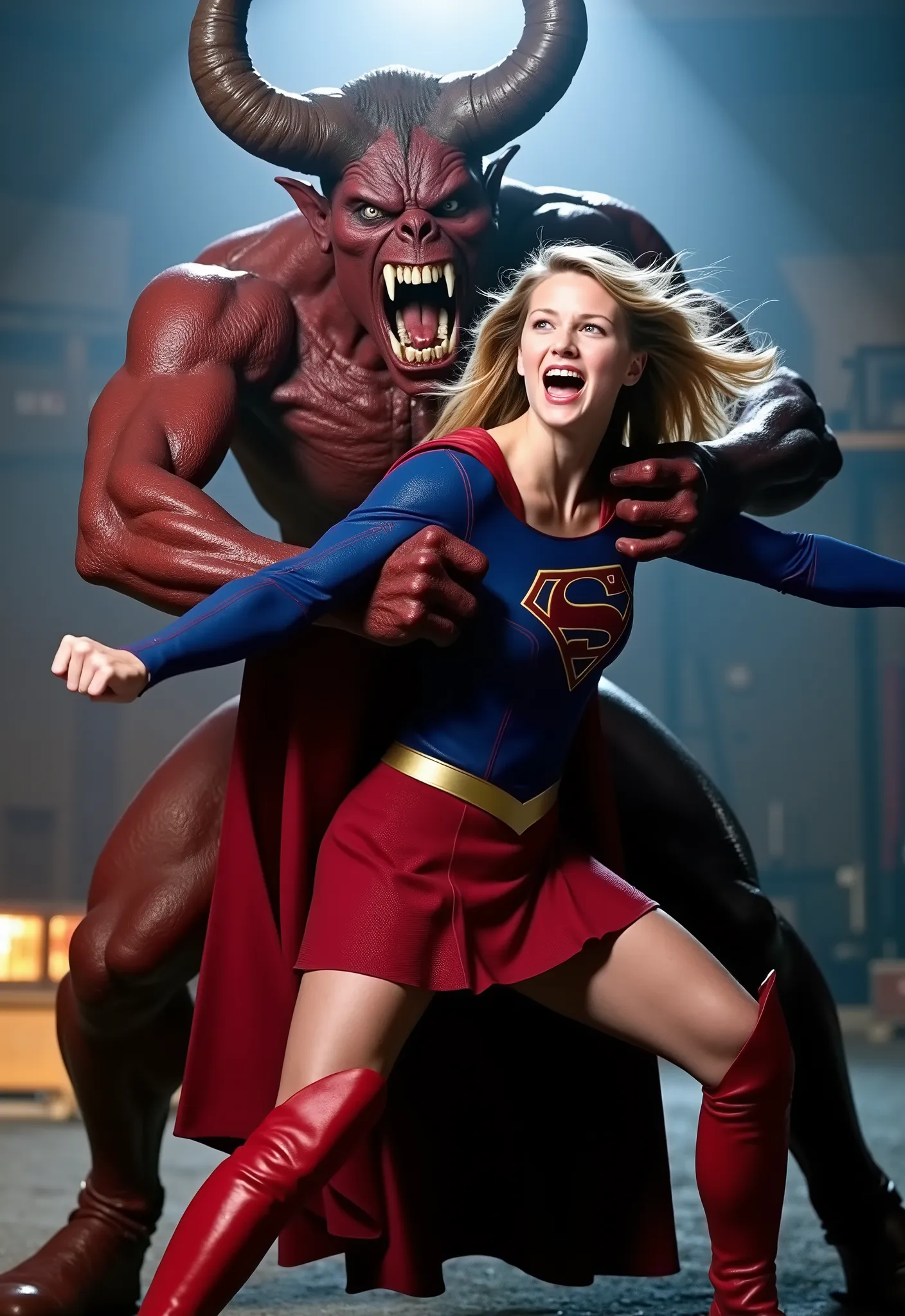 Melissa Benoist as Supergirl, fighting with a strong fierce devil, she is screaming in pain, arms behind her back, try to resist, wearing a Supergirl costume, blue shirt and very short skirt, red high boots, she is attacked from behind by a huge body devil...