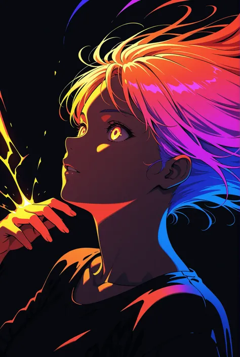 1girl,limited palette,black background,colorful,vibrant,glowing outline,neon,blacklight,any pose, dynamic, actions, powering up,angle from side,portrait