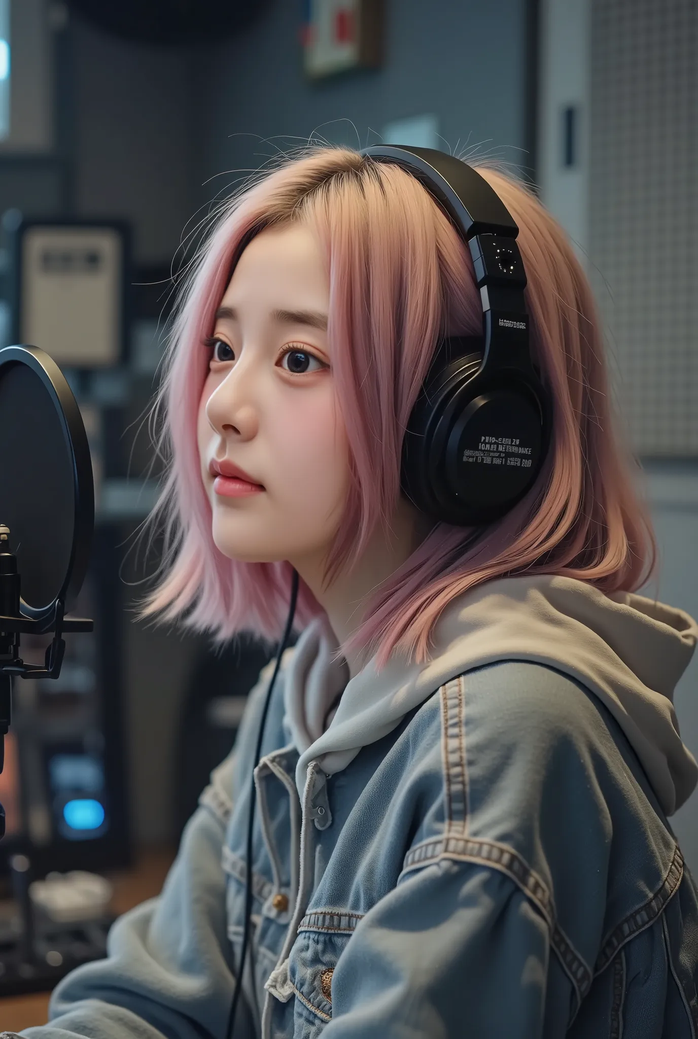 Realistic 3d kpop photo in recording booth blonde hair with pink highlights normal day outfit headphones