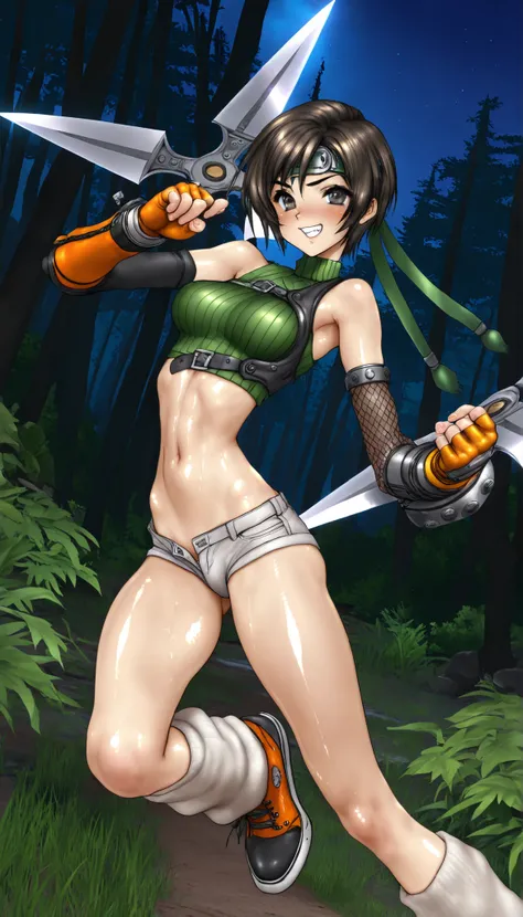 (masterpiece,best quality:1.2,amazing quality,very aesthetic,absurdres,newest), Shirow Masamune style, Yuffie Kisaragi,final fantasy 7,1woman,(very small head:1.2),(ideal ratio body proportions:1.2),(slender body:1.2,skinny:1.2),medium breasts,oily skin,br...