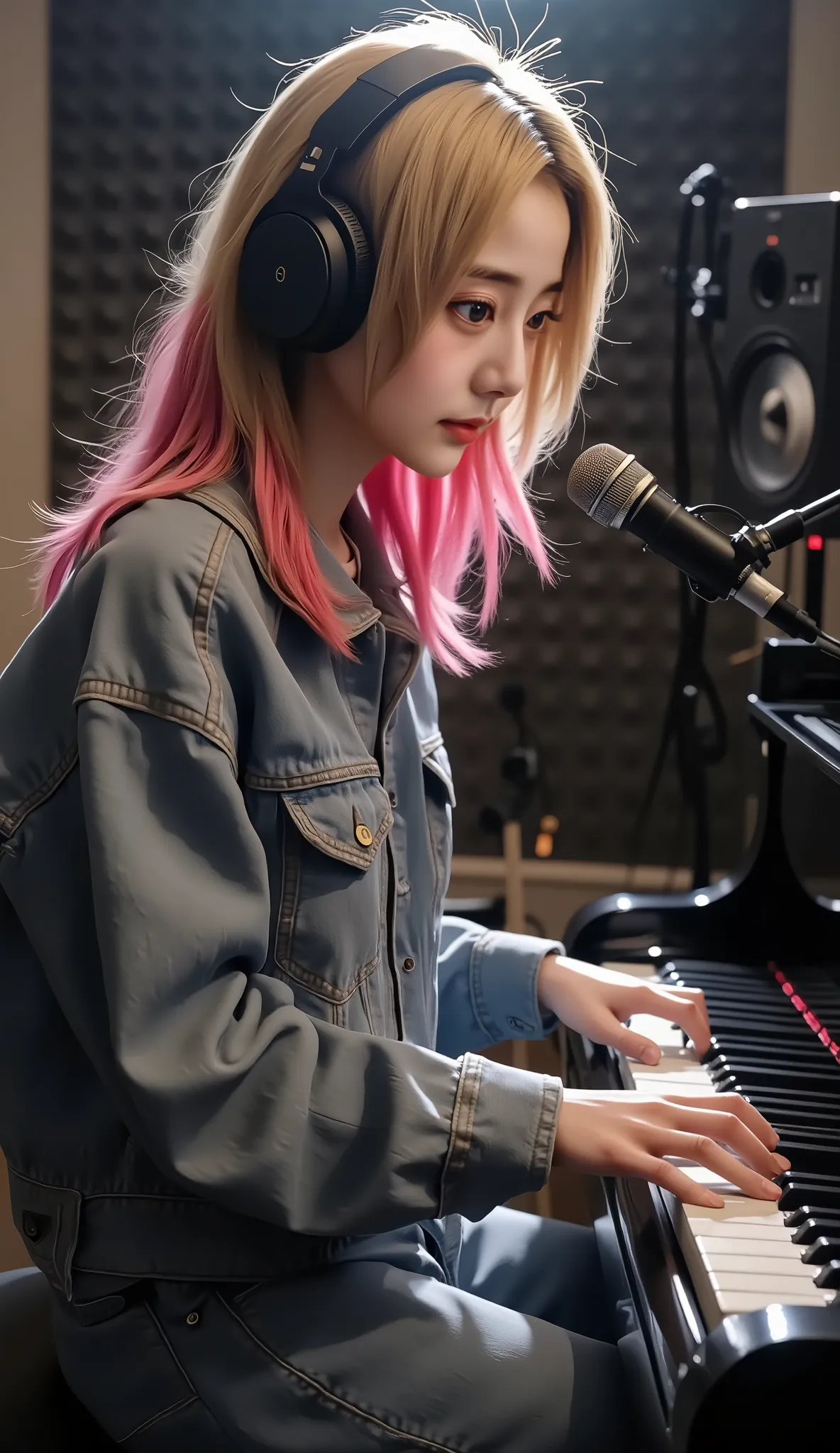 Realistic 3d kpop photo in recording booth playing piano blonde hair with pink highlights normal day outfit headphones
