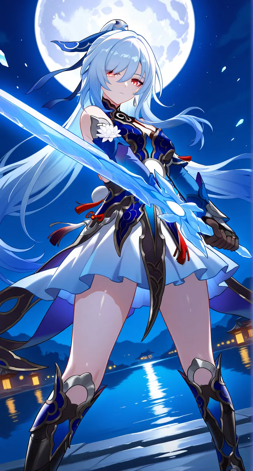 masterpiece,best quality,highres,ultra-detailed,Jingliu,alternate color,masterpiece,detailed illustration,lifelike,Jingliu(Honkai: Star Rail),shiny beautiful woman,moon light lighting,dynamic angle,dynamic pose,depth of field,1girl,red eyes,blue armored dr...