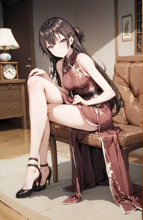 score_9, score_8_up, score_7_up, source_anime,  yuki suou, long hair, bungs, brown hair, black hair,  o, Medium breast,Purple Eyes, half updo,Purple Chinese Dress,sleeveless at the beach,Side Long Slit,pin heels,is placed on the work desk,Seated in a Gorge...