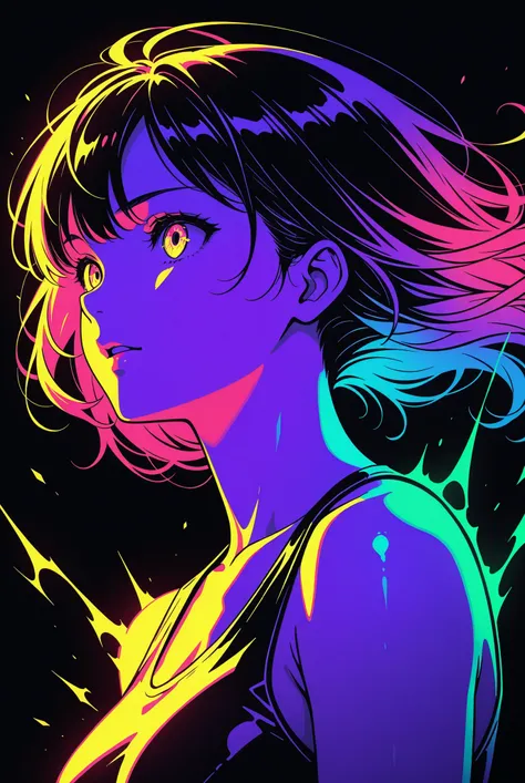 1girl,limited palette,(black background,colorful,vibrant,glowing outline,neon,blacklight),any pose, dynamic, actions, powering up,angle from side,portrait