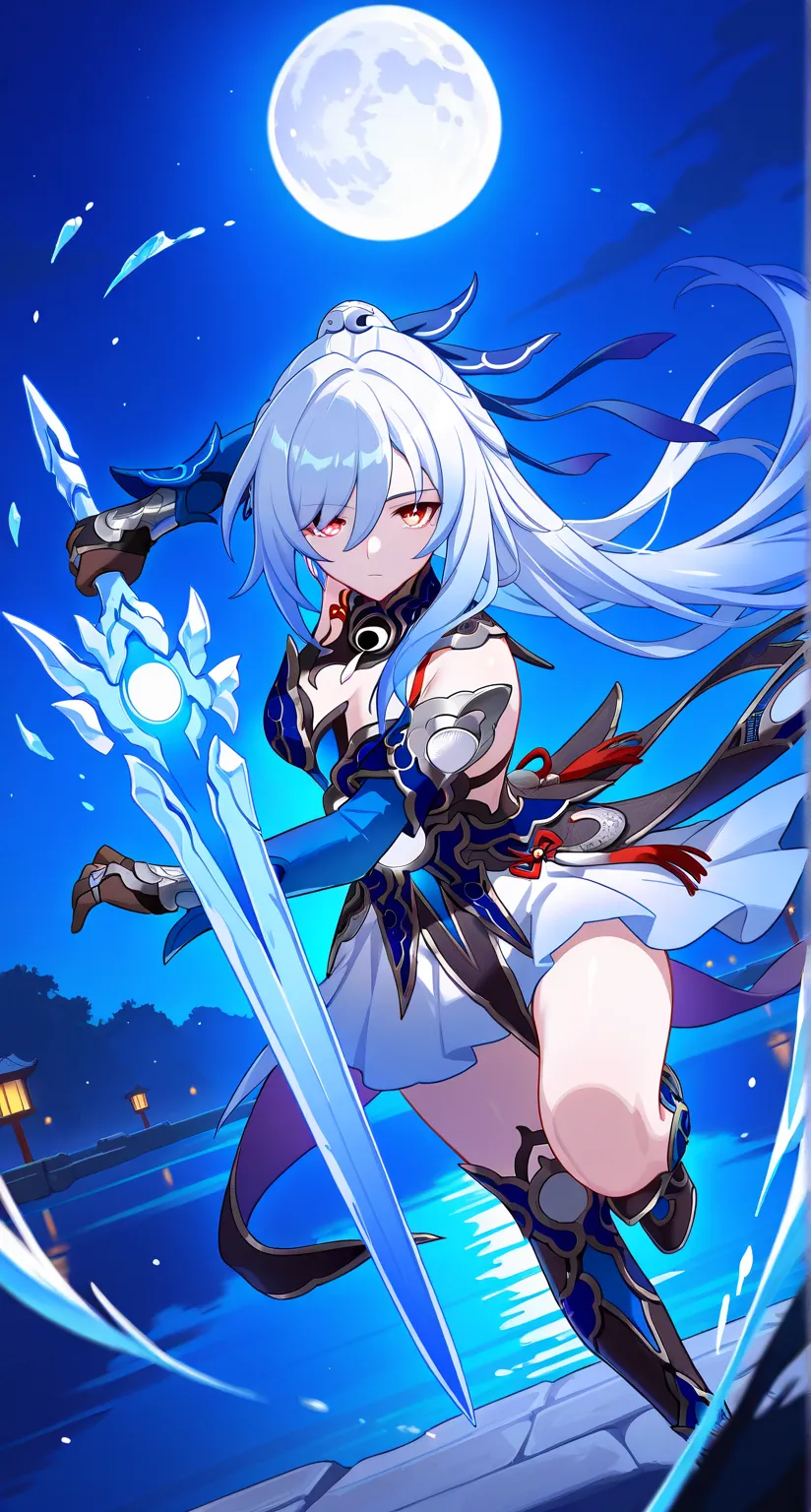 masterpiece,best quality,highres,ultra-detailed,Jingliu,alternate color,masterpiece,detailed illustration,lifelike,Jingliu(Honkai: Star Rail),shiny beautiful woman,moon light lighting,dynamic angle,dynamic pose,depth of field,1girl,red eyes,blue armored dr...