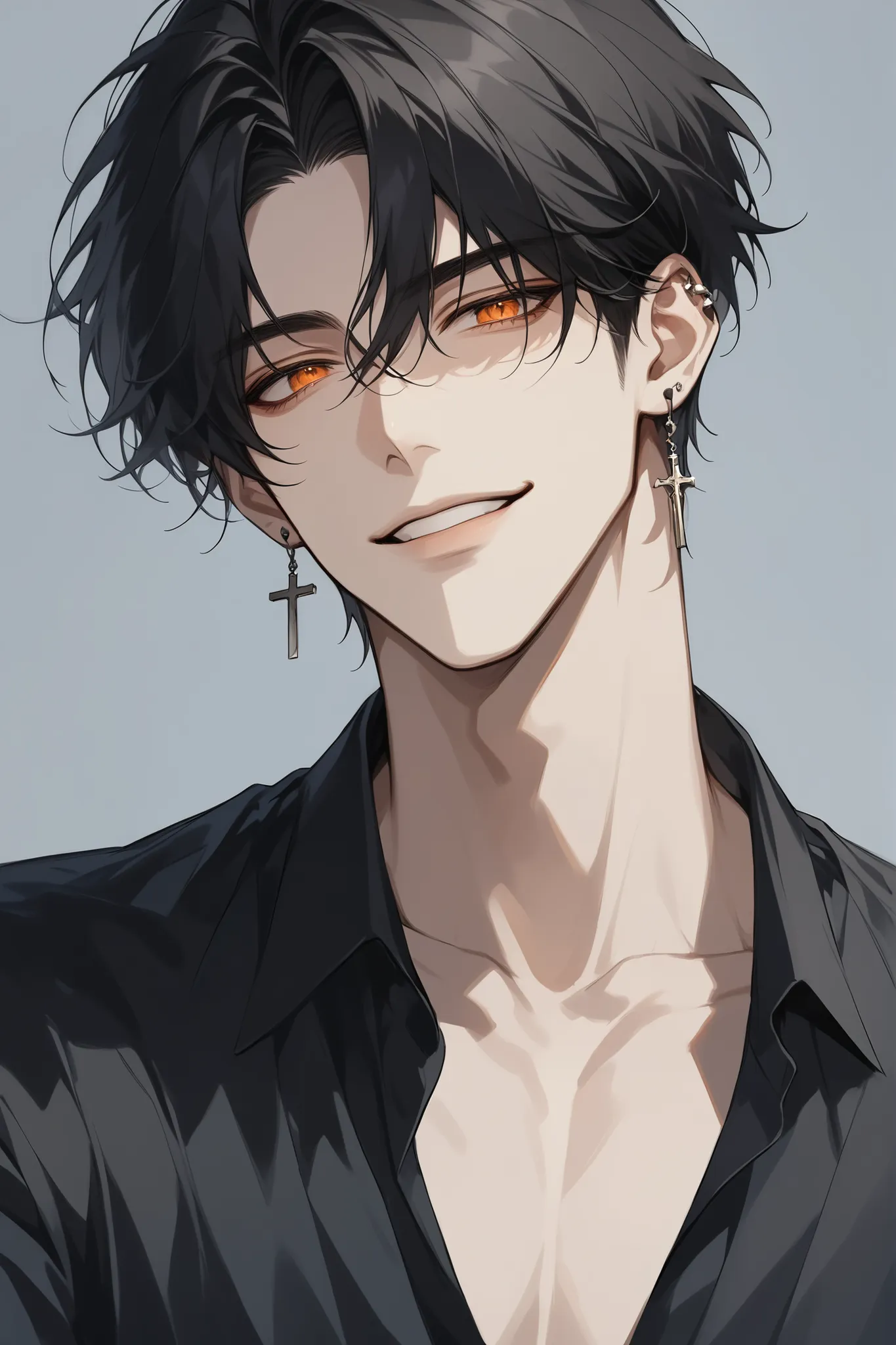 (score_9, score_8_up), short hair, middle part hairstyle, masterpiece, best quality, 1 man , black hair , perfect face , orange eyes , handsome male , Alone, adult male , upper body , smiles uneasily, flushed face, 1 cross earings, hand reaching out, delic...
