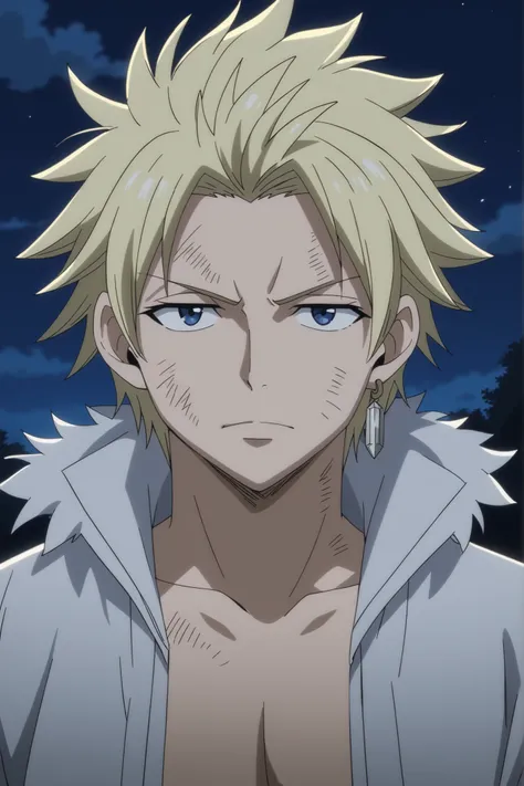 StingFT, looking at viewer, (((messy fringe, soft bangs falling over forehead, hair down))) sting eucliffe-1male focus, blonde_sting eucliffe_hair, brown_sting eucliffe_single scar, blue_sting eucliffe_eyes, light yellow_sting eucliffe_single earring, male...