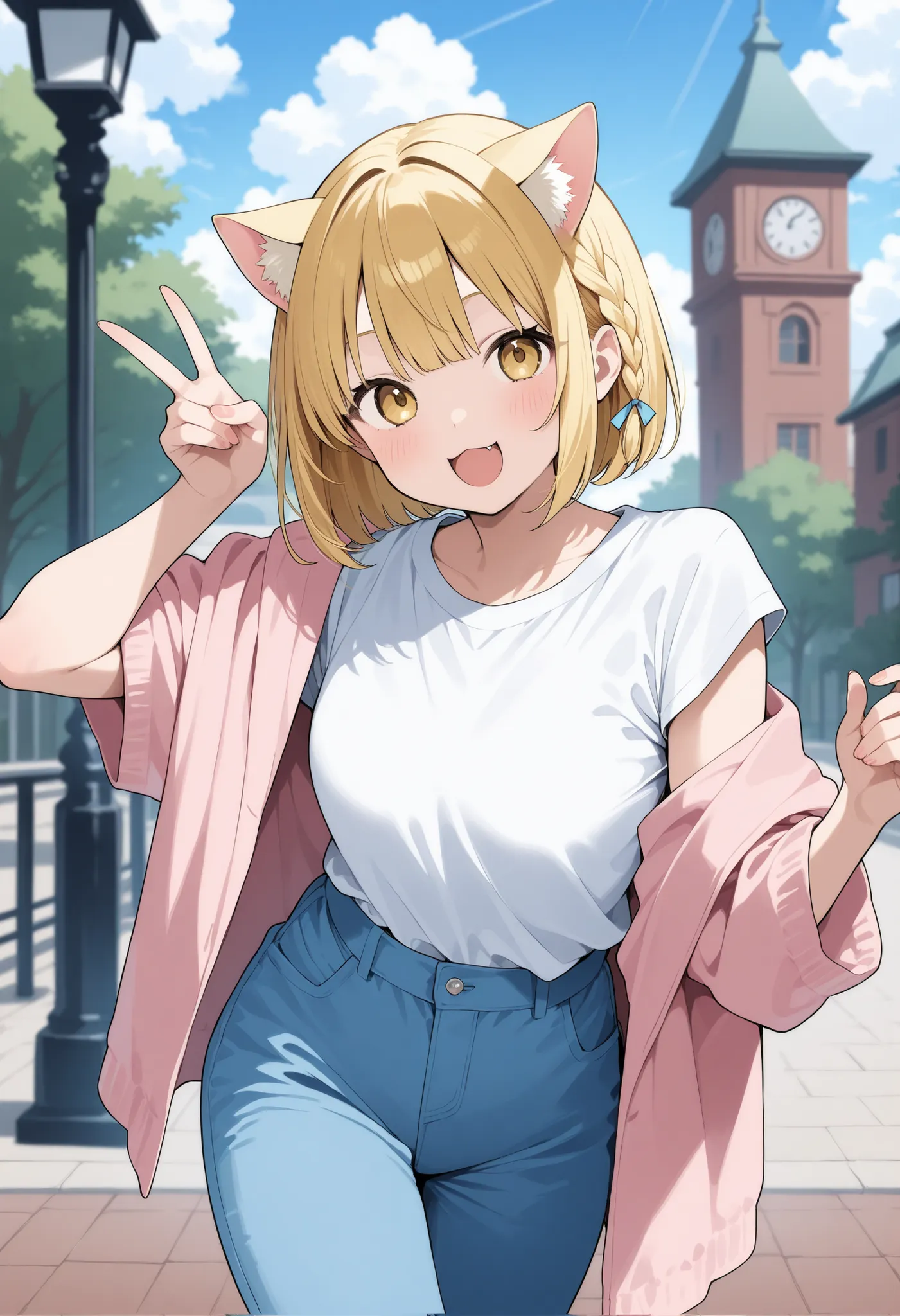 Blonde Cat Ears、bob cut blonde hair、 braids on both sides、
