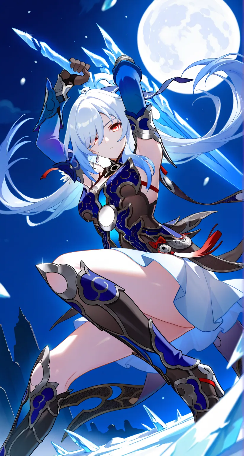 masterpiece,best quality,highres,ultra-detailed,Jingliu,alternate color,masterpiece,detailed illustration,lifelike,Jingliu(Honkai: Star Rail),shiny beautiful woman,moon light lighting,dynamic angle,dynamic pose,depth of field,1girl,red eyes,blue armored dr...