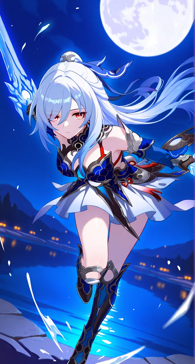 masterpiece,best quality,highres,ultra-detailed,Jingliu,alternate color,masterpiece,detailed illustration,lifelike,Jingliu(Honkai: Star Rail),shiny beautiful woman,moon light lighting,dynamic angle,dynamic pose,depth of field,1girl,red eyes,blue armored dr...
